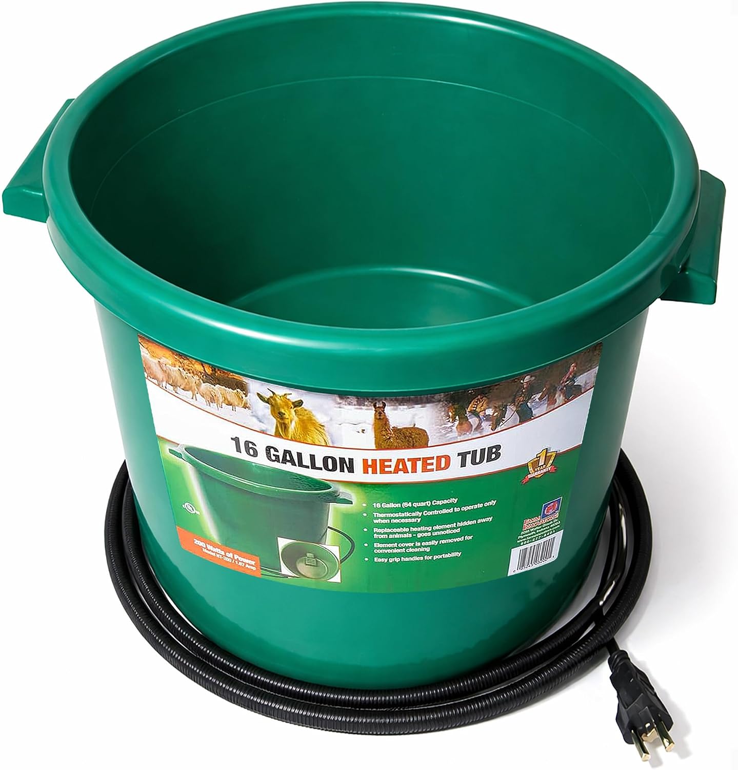 Farm Innovators Heated Water Bucket, 200W Heating Power - 16 Gallon Plastic Bucket with Replaceable Heating Element for Livestock Watering & Feeding | Thermostatically controlled to operate only when necessary, large 16-gallon capacity, anti-chew cord