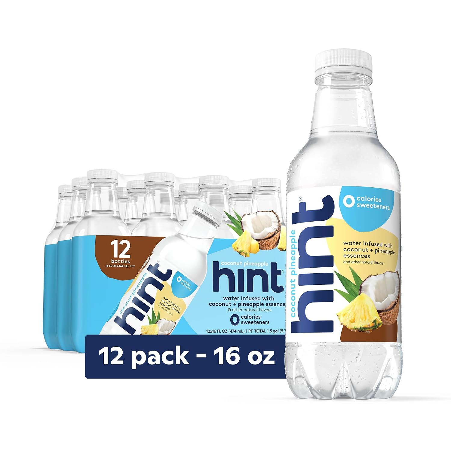 Hint Flavored Water Zero Sugar 0 Calories - Pineapple 16 FL Oz (12 pack) | Crisp, refreshing water, fruit flavors. 0 calories, 0 sugar, 0 sweeteners. Hydration for wellness. Gluten-free, Kosher, Vegan