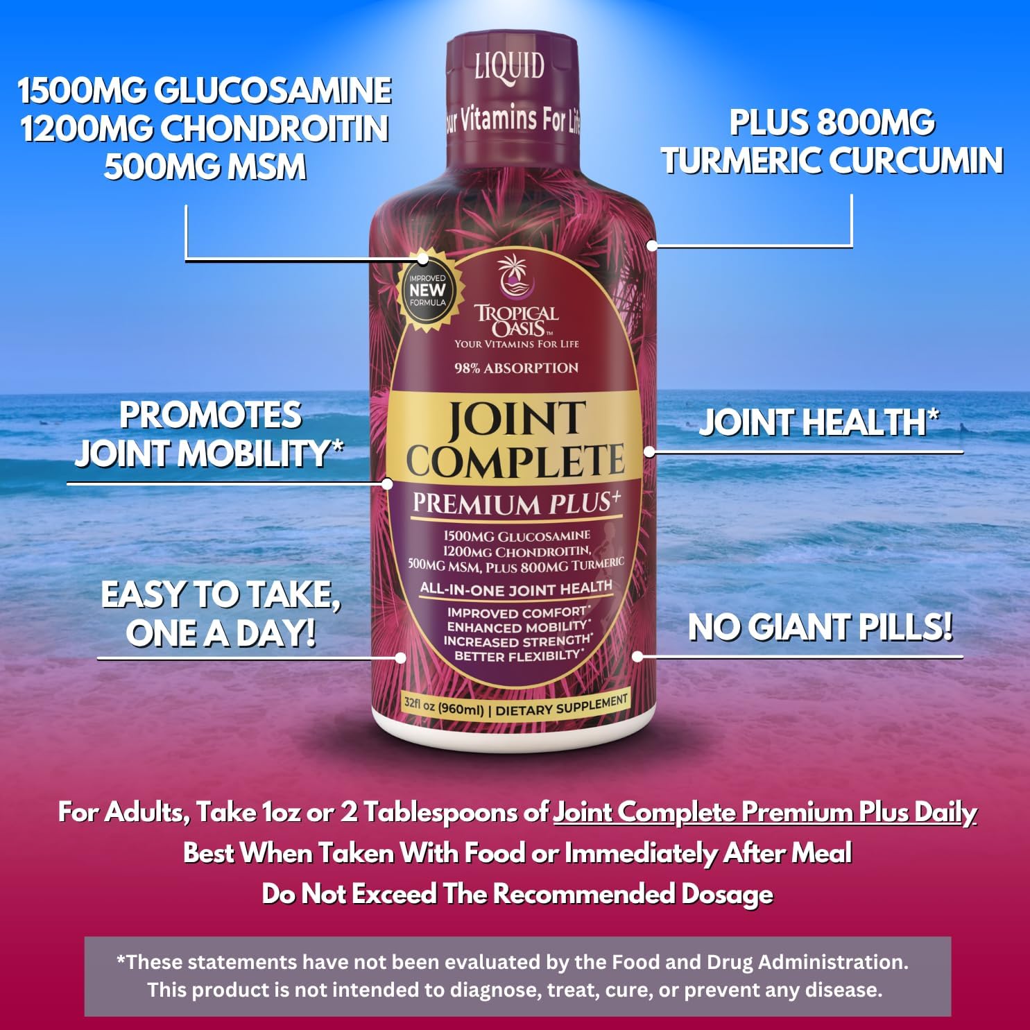 Joint Complete Premium Plus - Liquid Joint Supplement w/Glucosamine, Chondroitin, MSM Plus 800mg Turmeric – 98% Max Absorption – 32oz, 32 serv