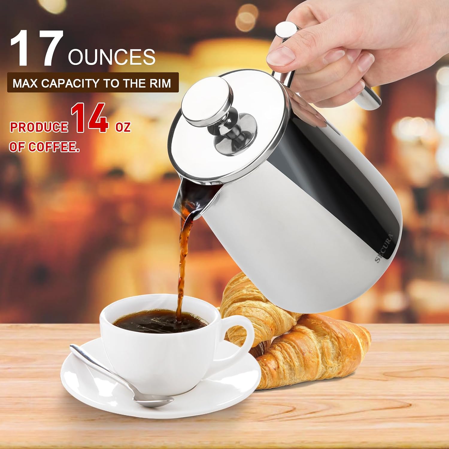 Secura French Press Coffee Maker, 50-Ounce, 304 Stainless Steel Insulated Coffee Press with Extra Screen