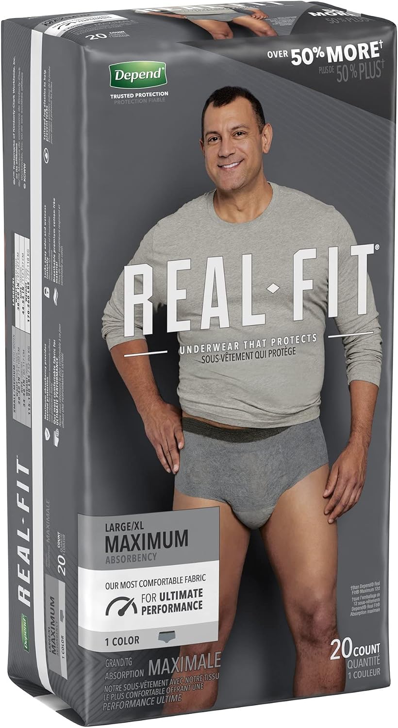 Depend Real Fit Adult Diapers, Incontinence Underwear for Men, Disposable, Maximum Absorbency, Small/Medium, Grey, 56 Count (2 Packs of 28), Packaging May Vary