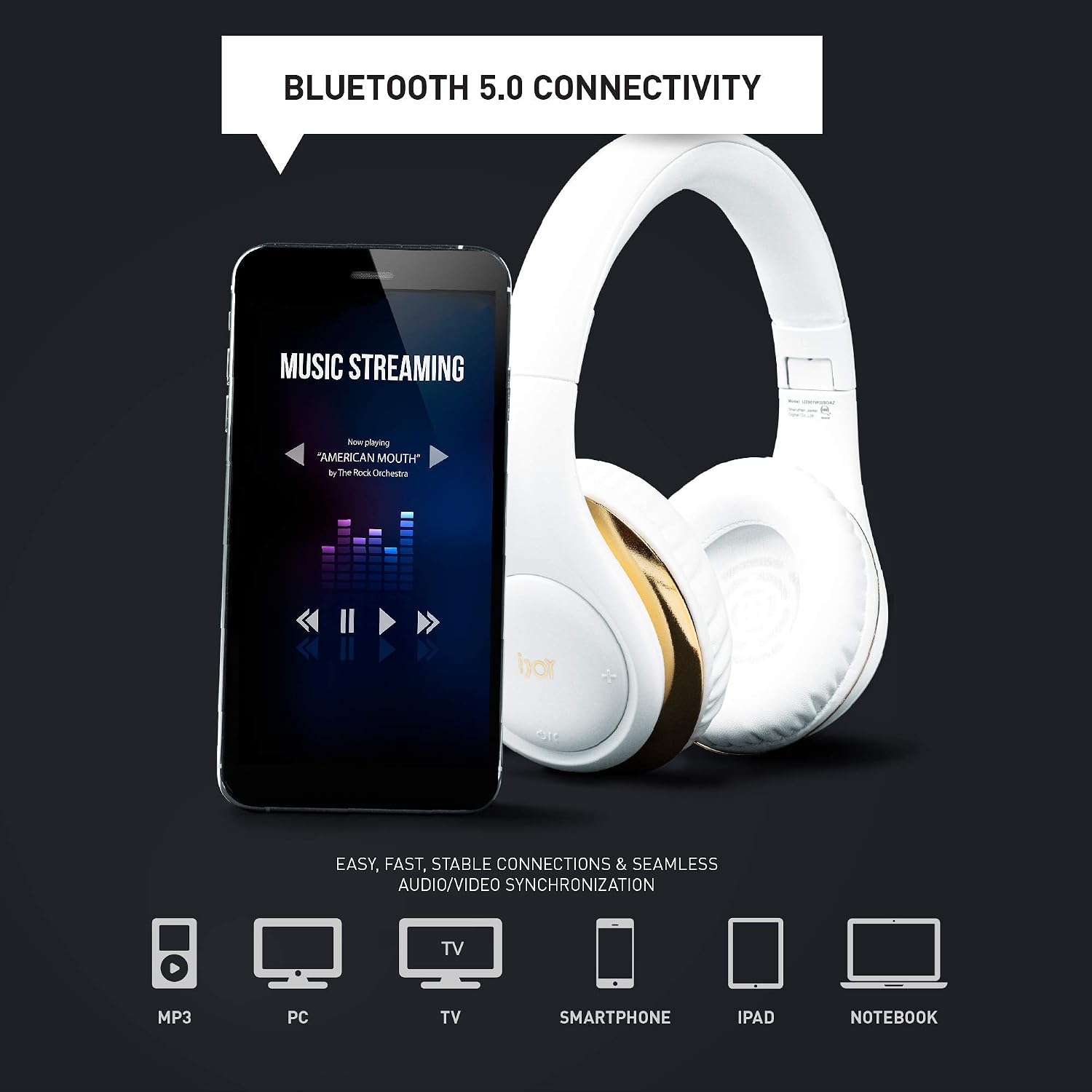 iJoy ISO Bluetooth 5.0 Wireless Over Ear Foldable Stereo Headphones with 30 Hours Battery and Built-in Microphone, (White/Gold)