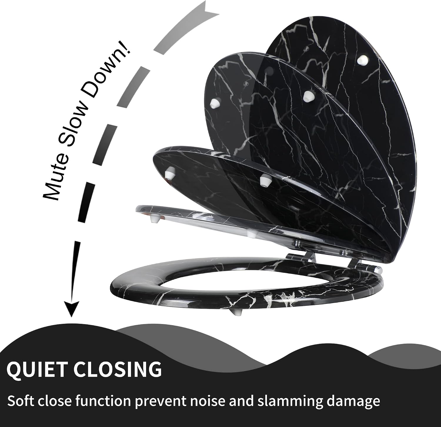 Angel Shield Marble Toilet Seat Durable Molded Wood with Quiet Close,Easy Clean，Quick-Release Hinges (Elongated,Black Marble)