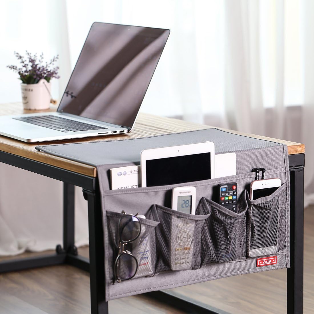 Zafit Bedside Storage Organizer, Table Cabinet Bedside Organizer Caddy for Remotes Phone Glasses (Classic 4 Pockets-Grey)