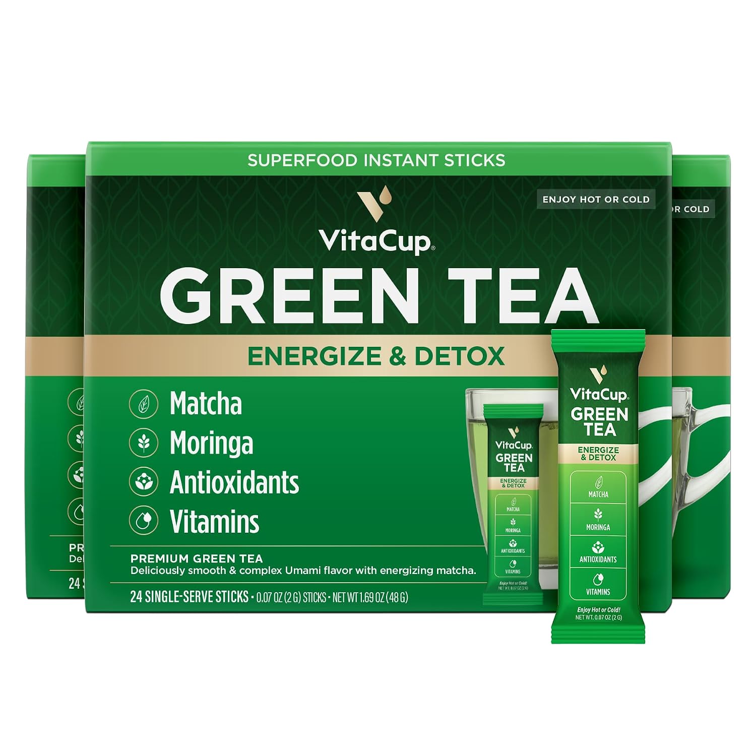 VitaCup Green Tea Instant Packets with Matcha, 16ct | B Vitamins, D3