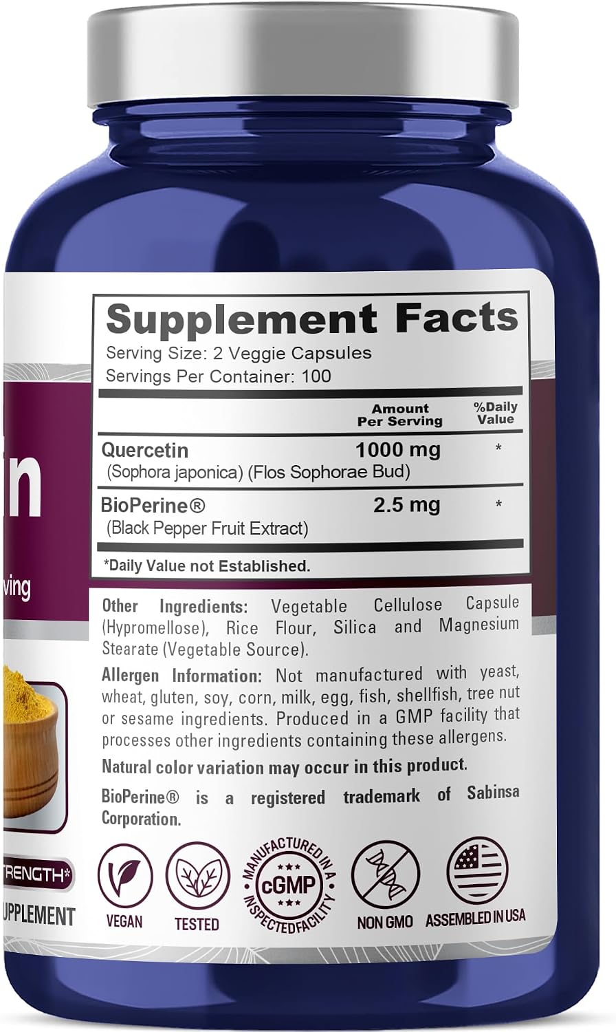 NusaPure Quercetin, Non-GMO, Vegan, 1000mg, 200 Veg Capsules - 100 Servings | Plant Based Formula, Sophora Japonica & BioPerine, Suitable for Adults