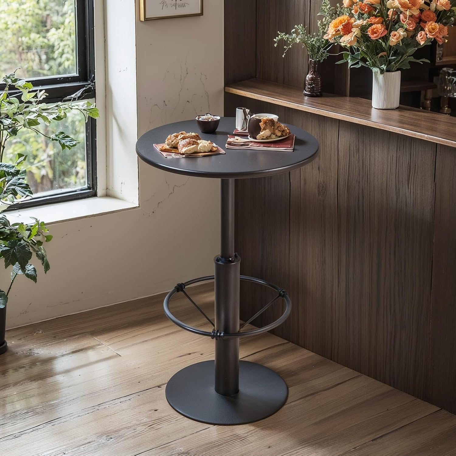 LOKKHAN 42" Tall Rustic Industrial Bar Table 19.68" Dia Round Wooden Top Metal Frame Height Fixed Standing Pub Dining Room Bistro Cocktail Table, Black & Brown