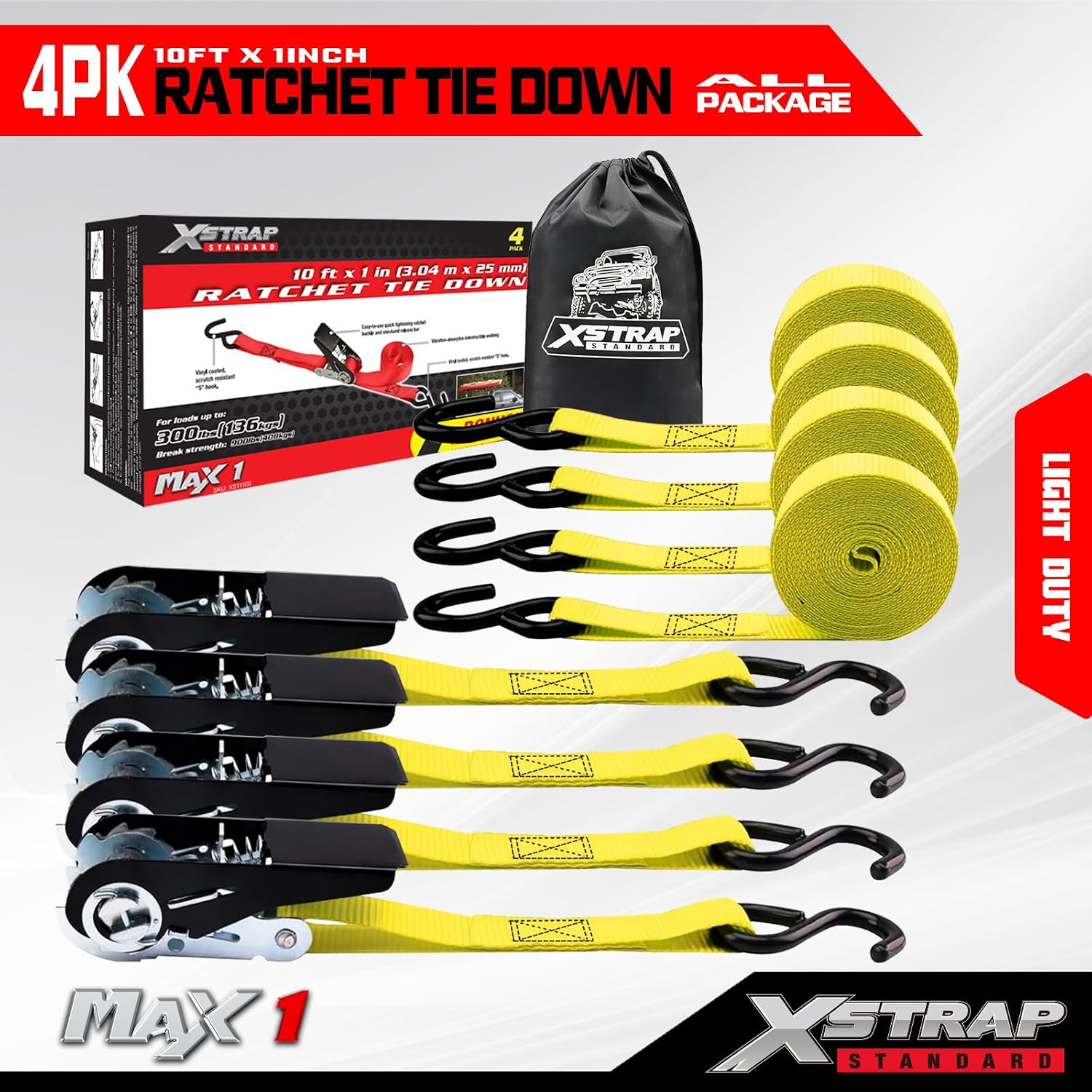 XSTRAP STANDARD 8-PK Ratchet Tie Down Straps, 1" x 10ft Cargo Strap, Yellow