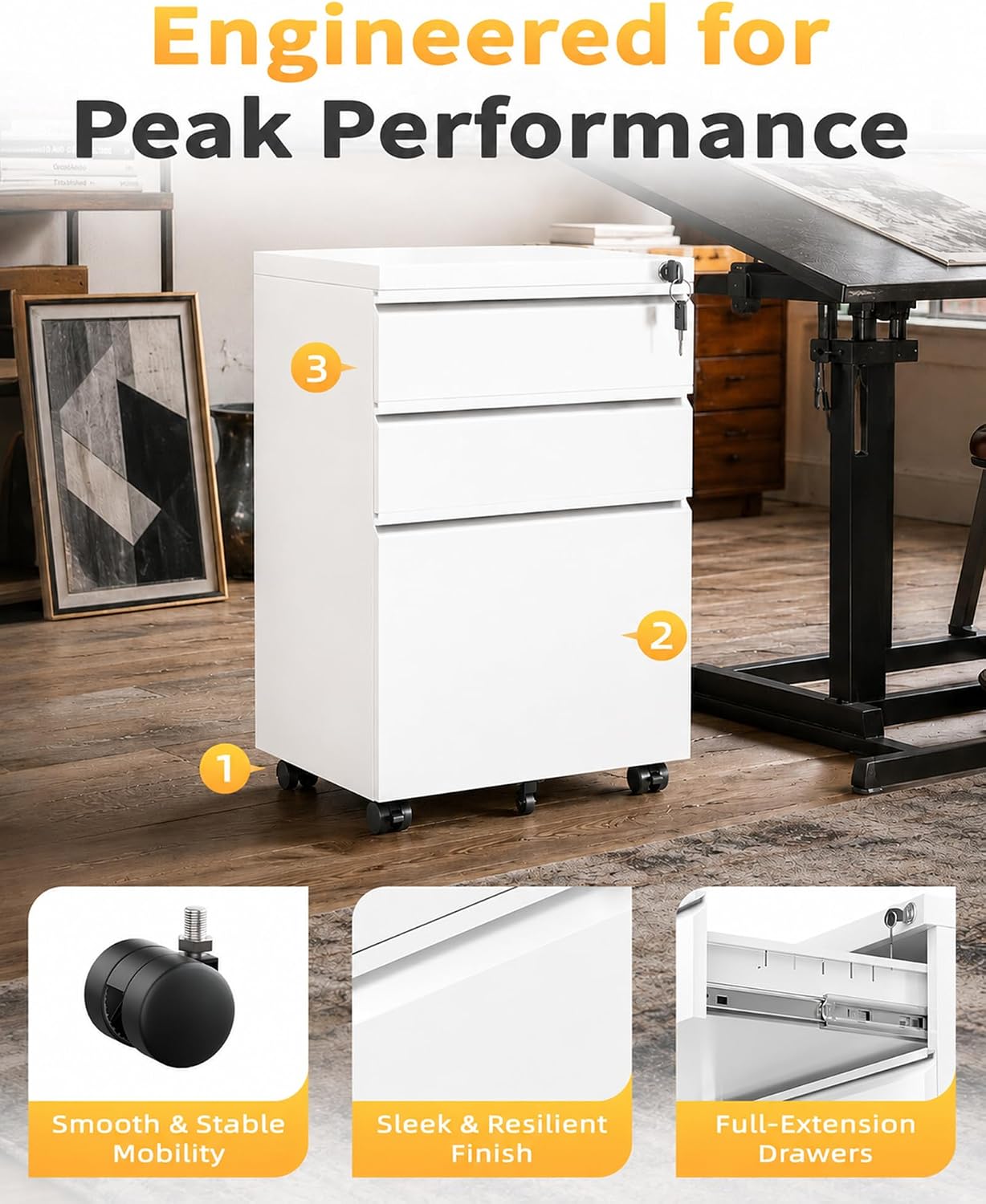 3 Drawer Mobile File Cabinet with Lock, Under Desk Metal Filing Cabinet for Letter/Legal/A4 Size, Fully Assembled Except Casters, Rolling Office Organizer for Home Office, Black