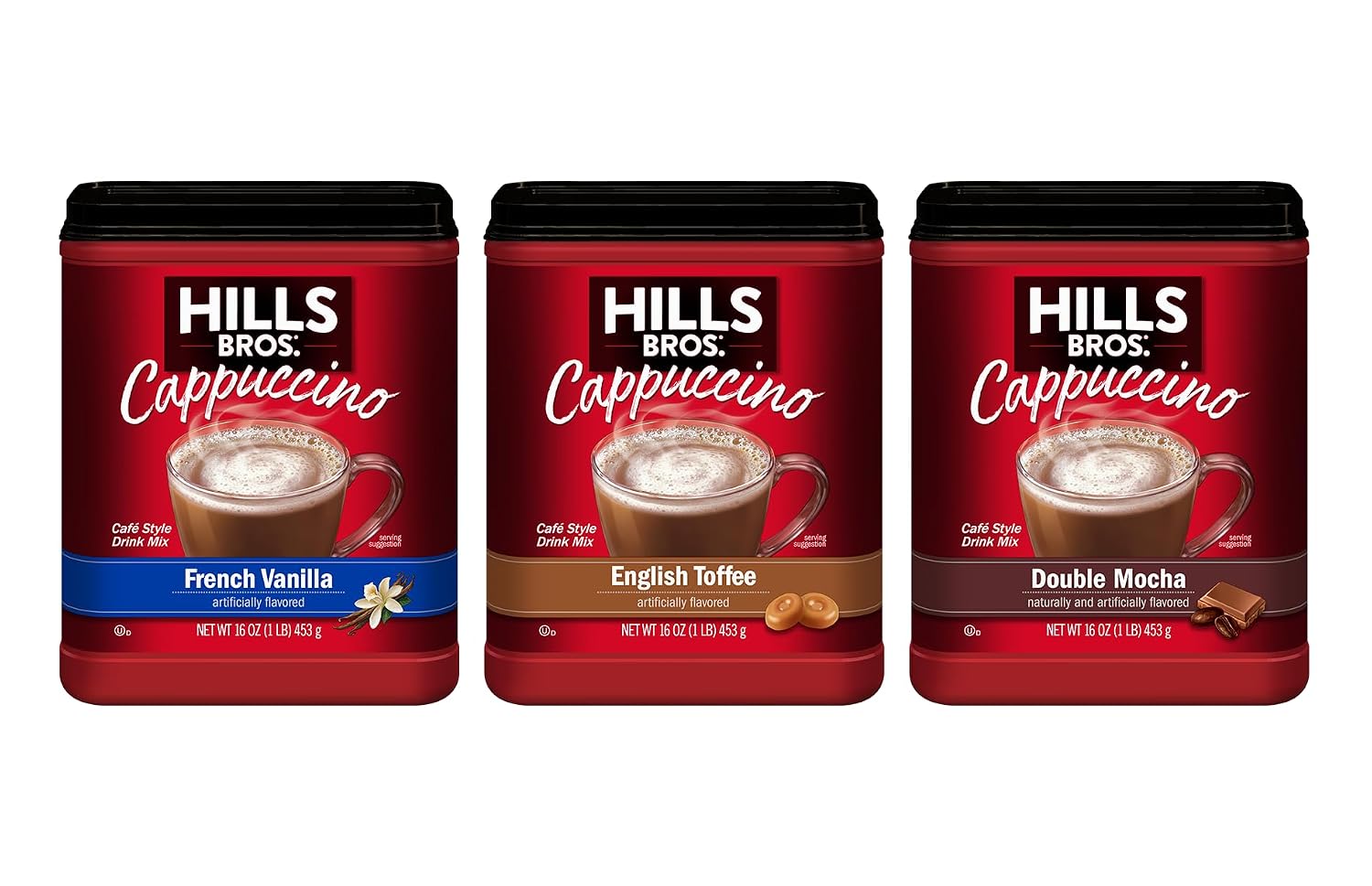 Hills Bros. Cappuccino Mix – Rich, Frothy Coffeehouse-Tasting Instant Drink Mix – Quick and Easy Preparation – Perfect for Hot & Iced Drinks & Creaming Coffee – Double Mocha, 1 Pack of 16oz