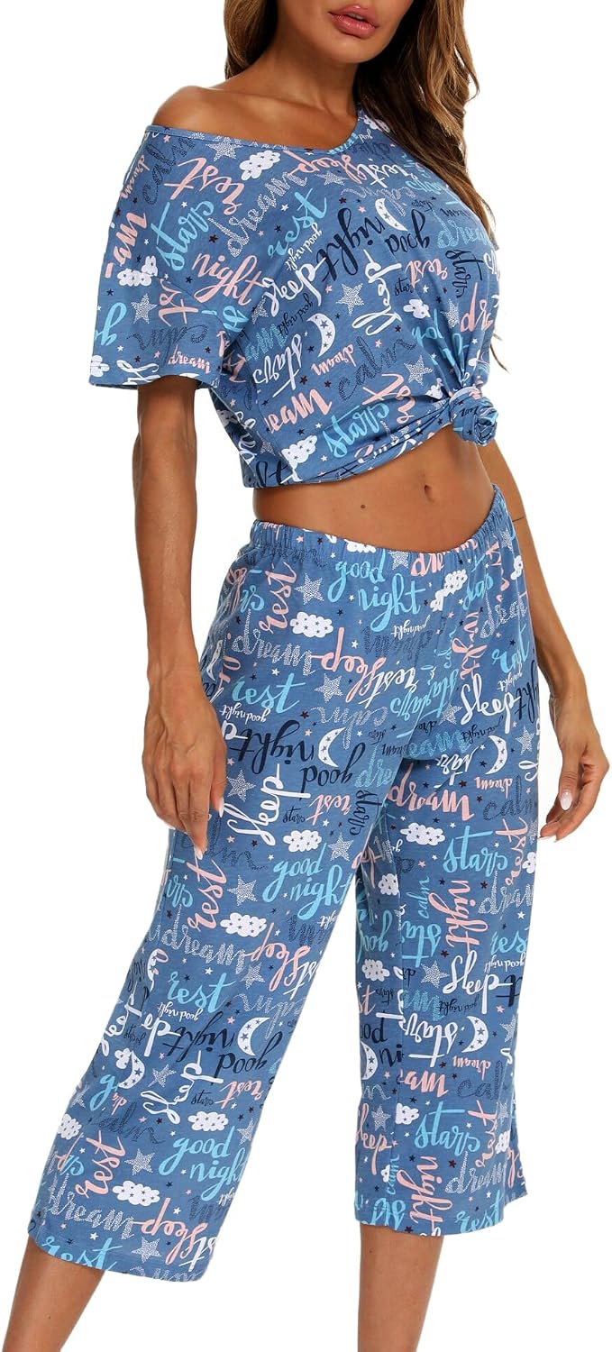 ENJOYNIGHT Womens Pajama Set Cotton Summer Pj Top with Capri Pant Sleepwear