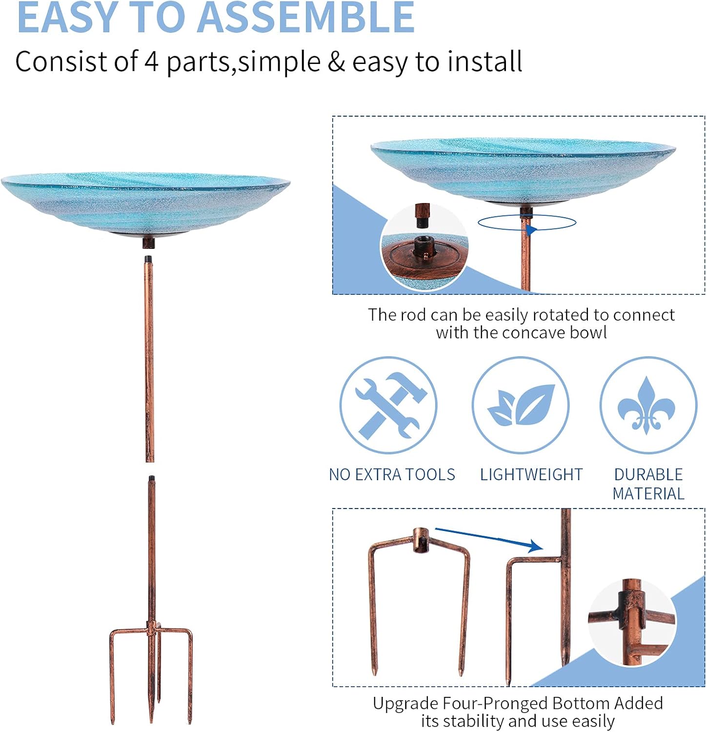 VCUTEKA Glass Bird Bath Outdoor BirdBath Garden Birdfeeder with Metal Stake