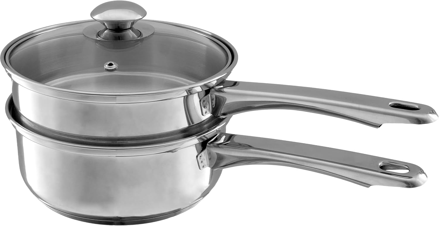 6 Cup Double Boiler Pot Set – 1.5 Quart Stainless-Steel Saucepan 2-in-1 with Vented Glass Lid – Kitchen Cookware with Measurements by Classic