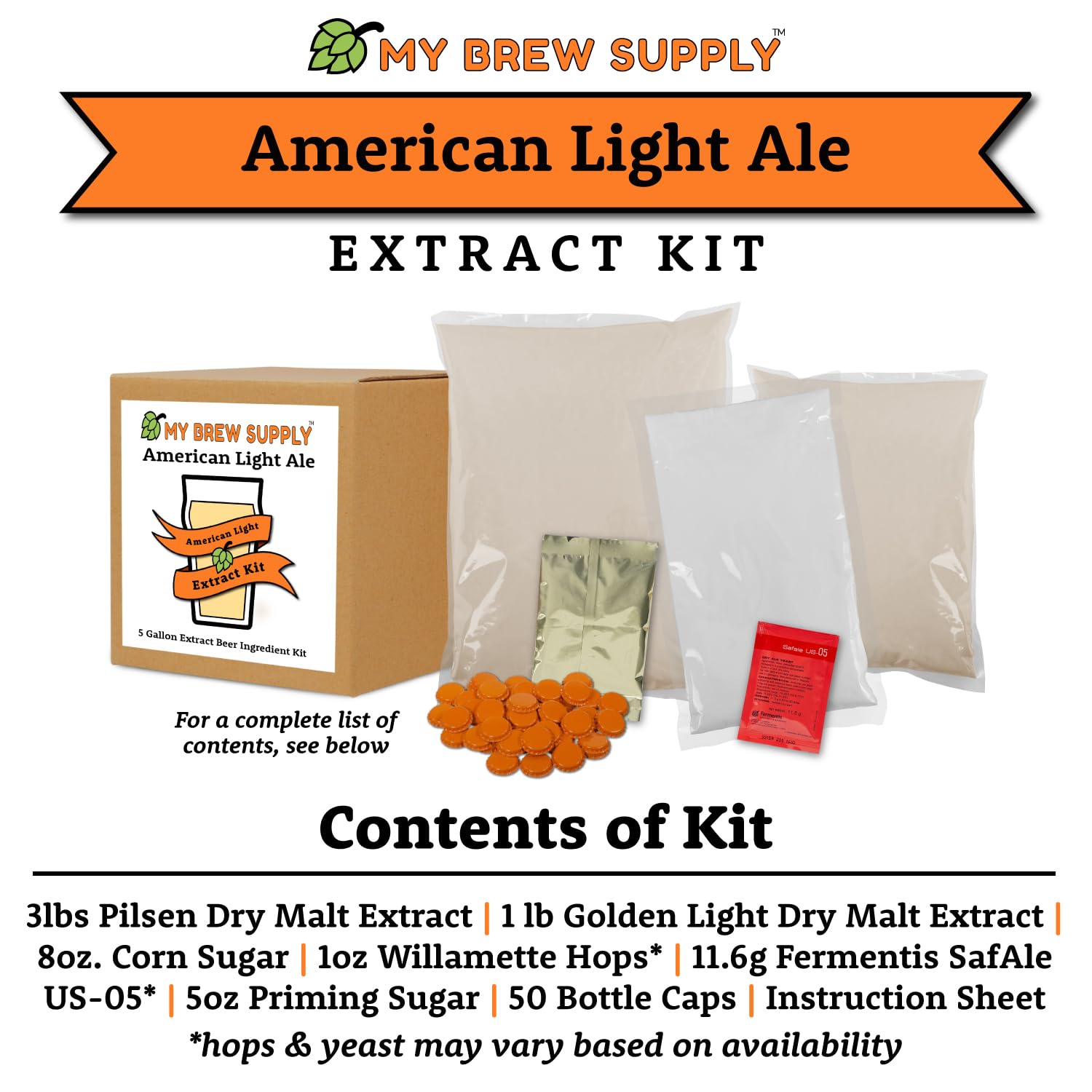 My Brew Supply Orange Wheat Beer Extract Kit | Bavarian Wheat Dry Malt Extract | Golden Light Dry Malt Extract | Caramel Malt | Flaked Wheat Grains