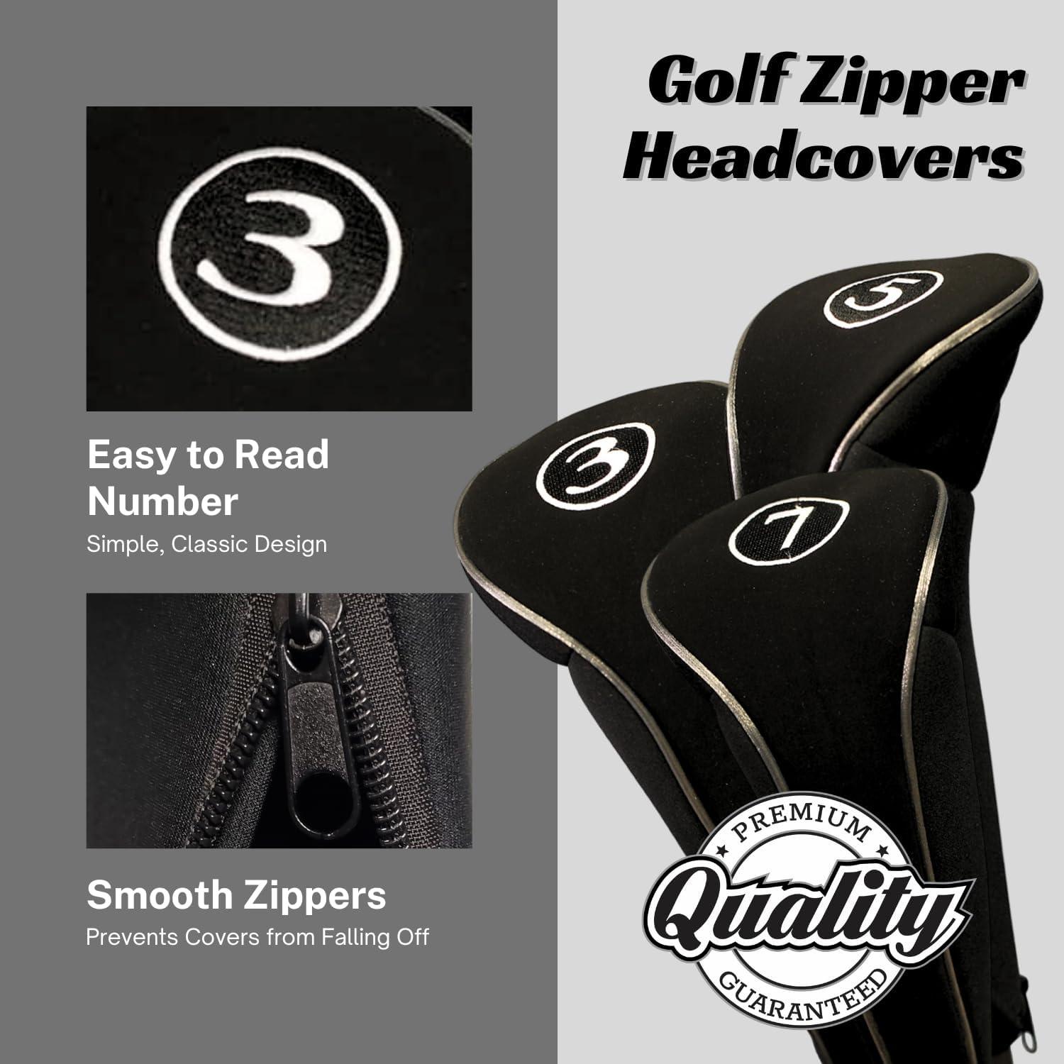 Black Golf Zipper Head Covers 3 5 7 Fairway Woods Headcovers Metal Neoprene Traditional Plain Protective Covers Fits All Fairway Clubs
