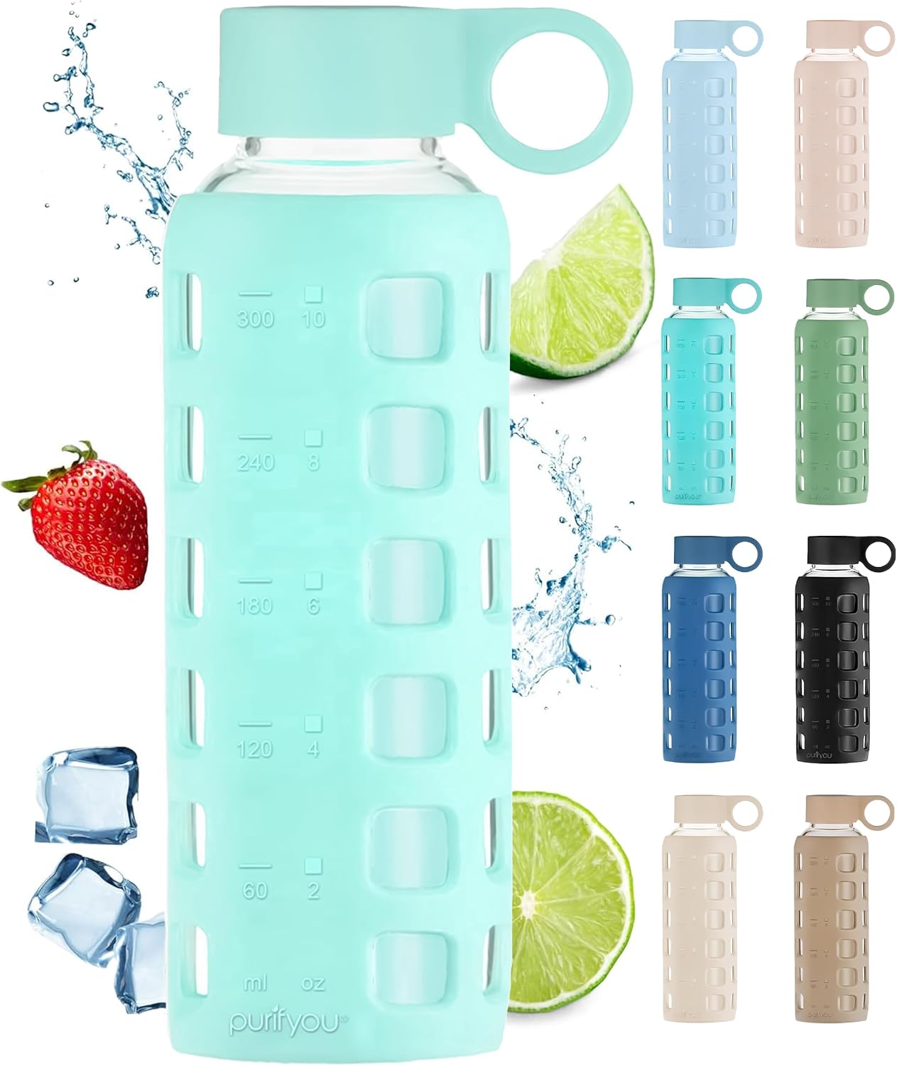 purifyou 40oz / 32oz / 22oz / 12oz Borosilicate Glass Water Bottle with Time & Volume Markers, Silicone Sleeve
