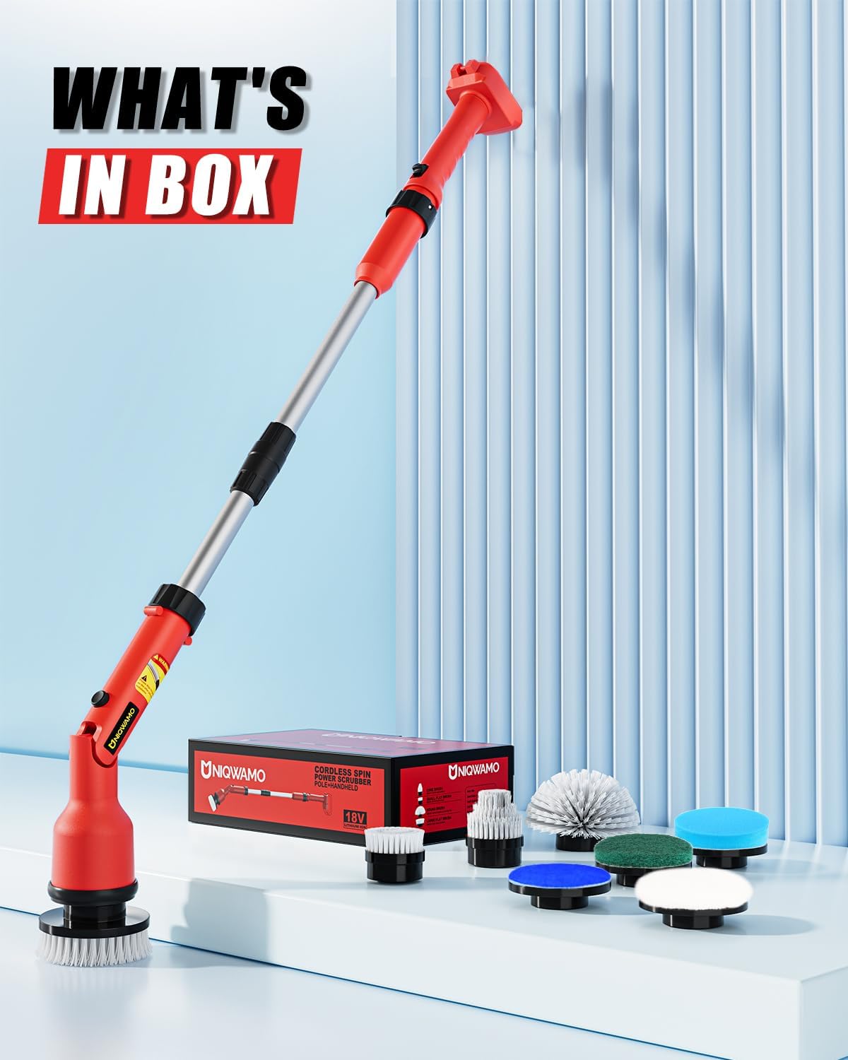 Uniqwamo Electric Spin Scrubber Compatible for Milwaukee 18V Battery | 1000 RPM Battery Powered Scrubber with Adjustable Extension Arm & 8 Brushes &