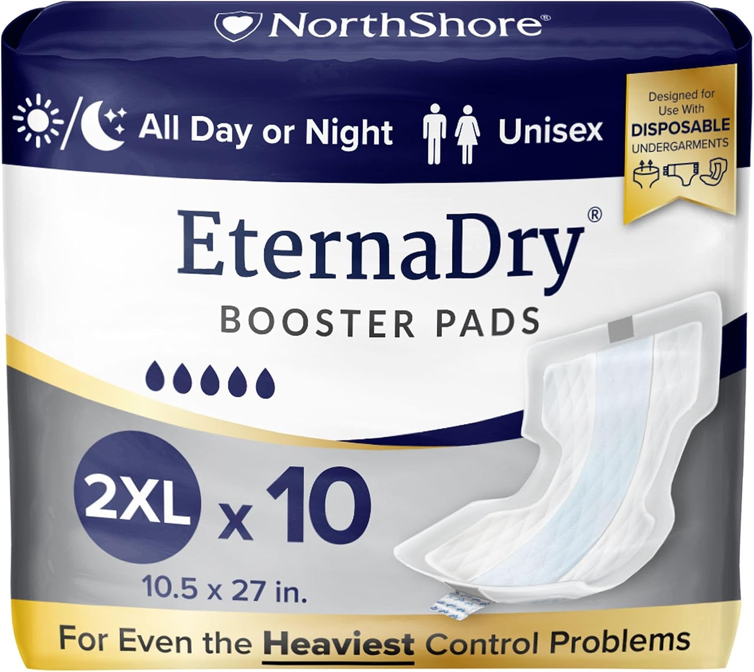 NorthShore EternaDry Booster Pads with Adhesive, Large, 30 Count | Diaper Doublers for Men and Women, Extended Leak Protection, Overnight Heavy Bladder Leaks, Minimize Changes, 6x16 in.