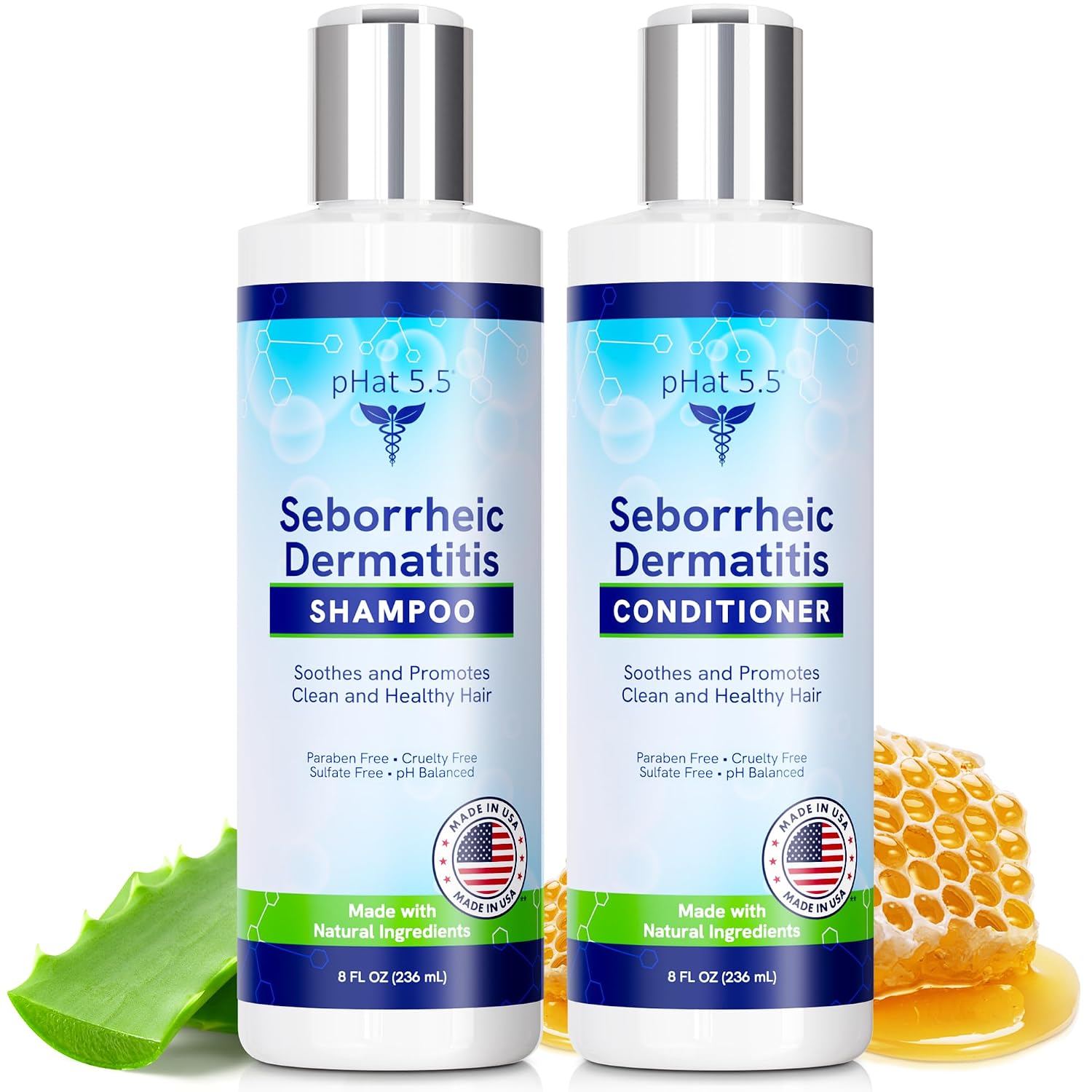 Sulfate Free Shampoo and Conditioner Set for Seborrheic Dermatitis Relief - Severe Dry & Itchy Scalp Treatment with Manuka Honey, Aloe Vera & Coconut Oil - Safe for Color Treated Hair (8 oz)