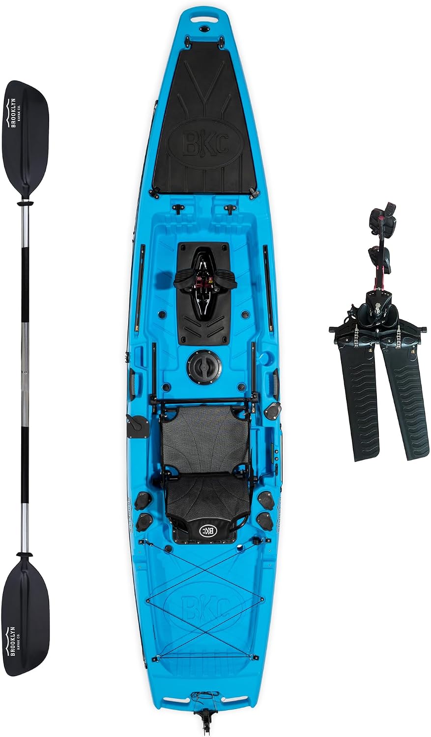 BKC Brooklyn 12.5 Pro Pedal Fishing Kayak, Propeller Drive | Hands-free propeller drive, rudder steering, 550 lb capacity, dry storage, rod holders, 12.5 ft sit-on-top hull