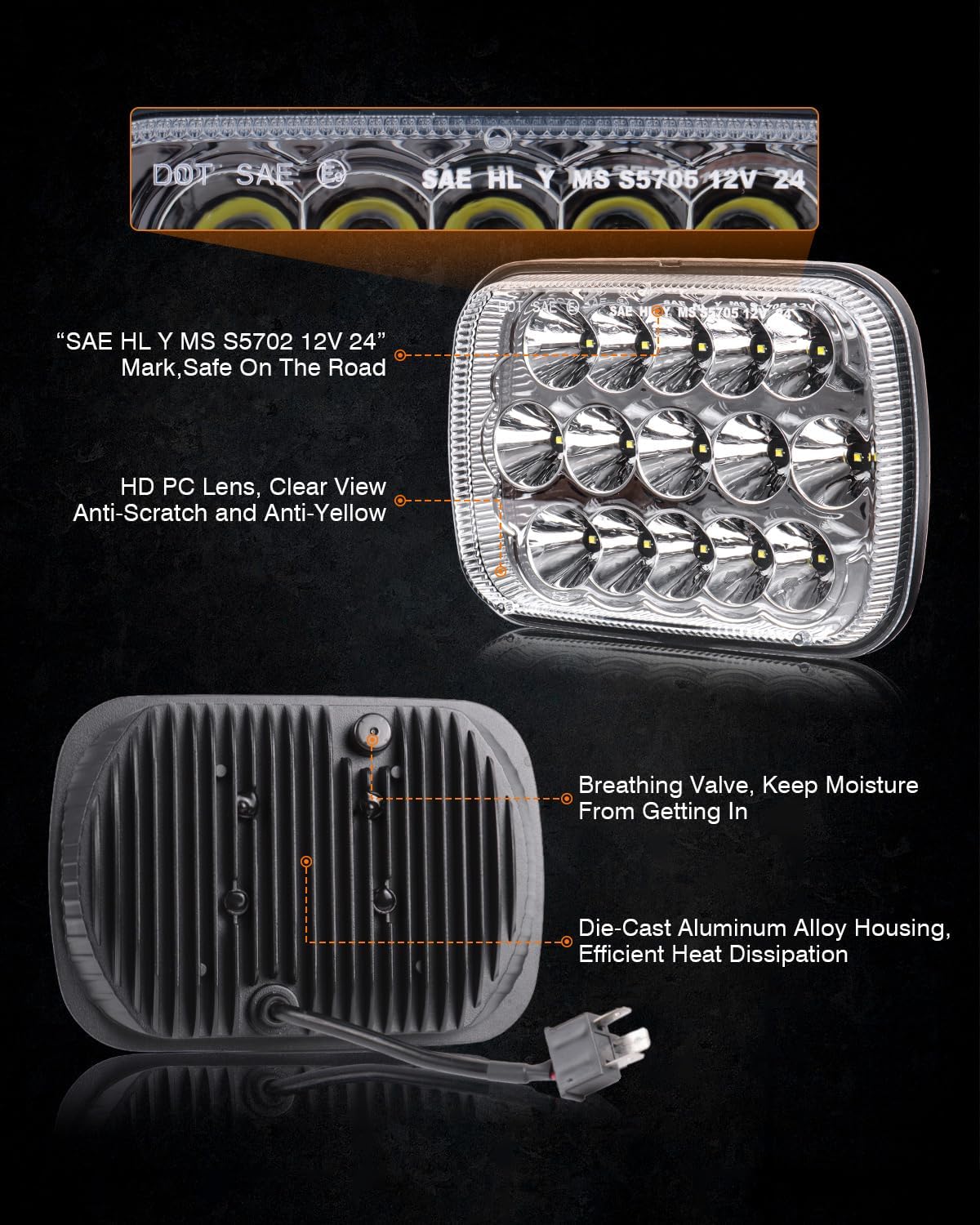 BICYACO 1 Pair 105W Rectangular 5x7/ 6x7 Inch Led Headlight High Low Beam Headlamp Compatible with Jeep Wrangler YJ Cherokee XJ Kenworth T300 1997-2010 Replacement H6054 H5054 H6054LL 69822 6052 6053