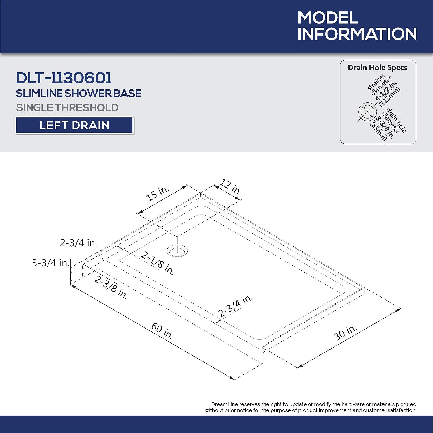 DreamLine SlimLine 32 in. D x 32 in. W x 2 3/4 in. H Center Drain Single Threshold Shower Base in White, DLT-1132320