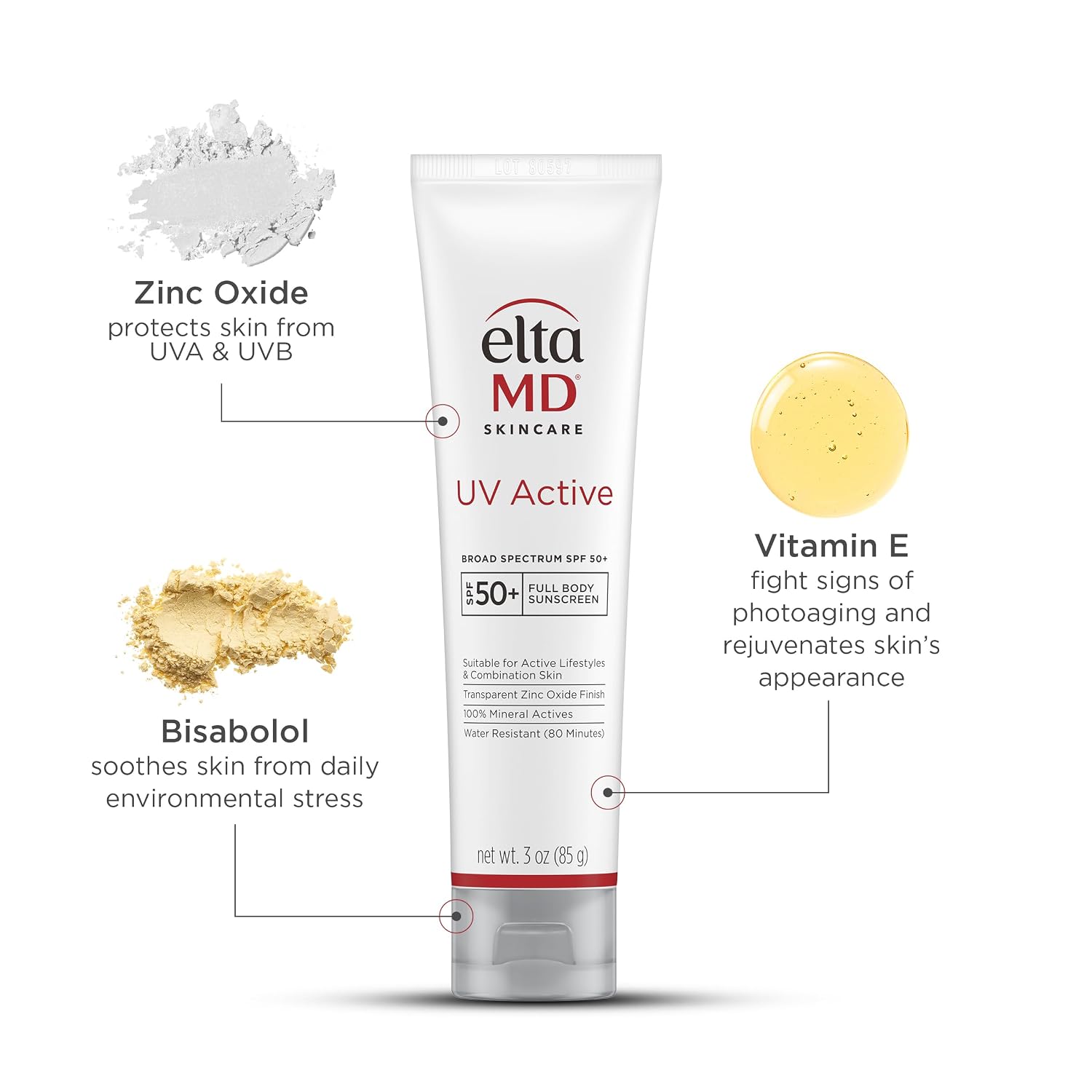 EltaMD UV Active 100% Mineral Sunscreen, SPF 50+ Full Body Sunscreen for Active Lifestyles, Water Resistant Up to 80 Minutes, 3.0 oz Tube