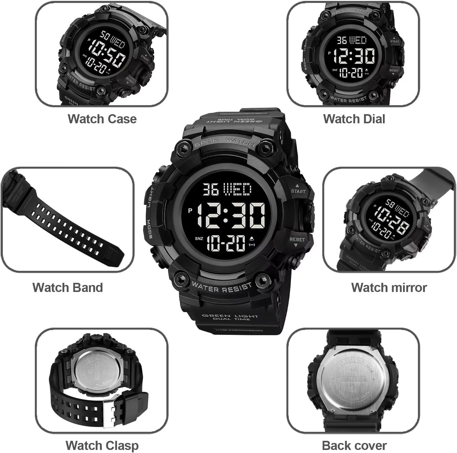 Gosasa Men Sport Watch Countdown Stopwatch Watch Mens Wrist Watch Waterproof LED Electronic Digital Male Watch 12/24 Hour Multifunctional Watch