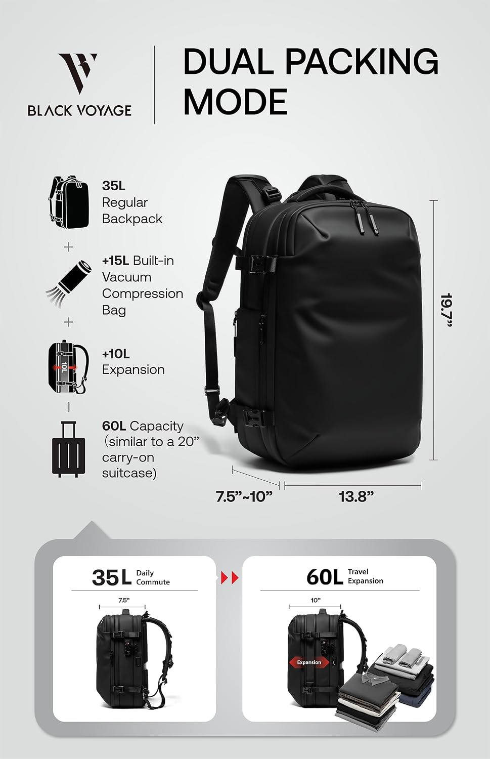 Black Voyage Vortex Vacuum Seal Travel Backpack 60L Expandable Air Compression System Water Resistant TSA Lock Carry-On Suitcase Luggage Black
