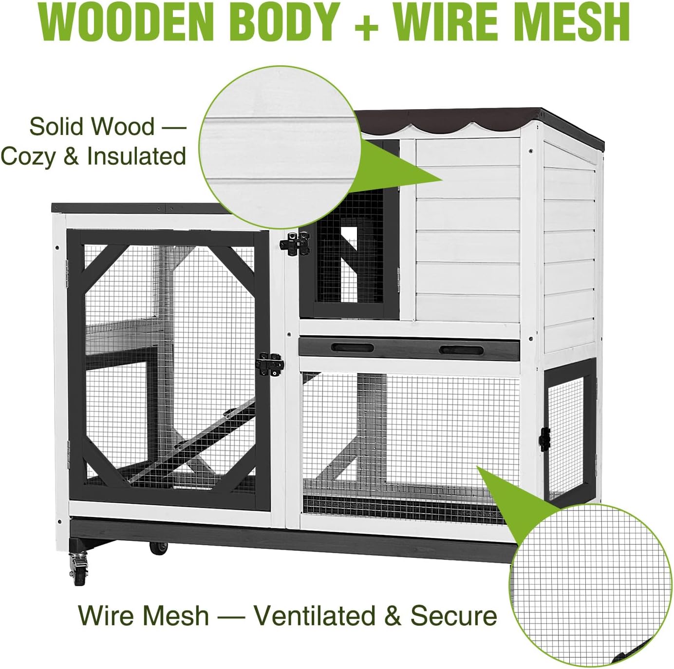 Outdoor Rabbit Hutch Indoor Bunny on Wheels Large Guinea Pig Cage with Run for Any Small Animals,Removable Pull Out Tray