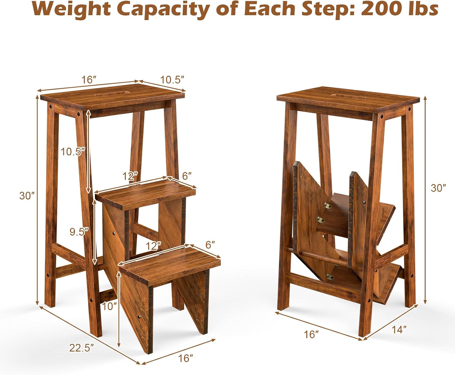 Costzon Folding 3 Step Stool, 3 in 1 Wooden Step Ladder with Handle, Non-Slip Pedal, Multifunctional Storage Shelf, Flower Rack for Kitchen, Library, Garage, Foldable Step Stool for Adults Kids
