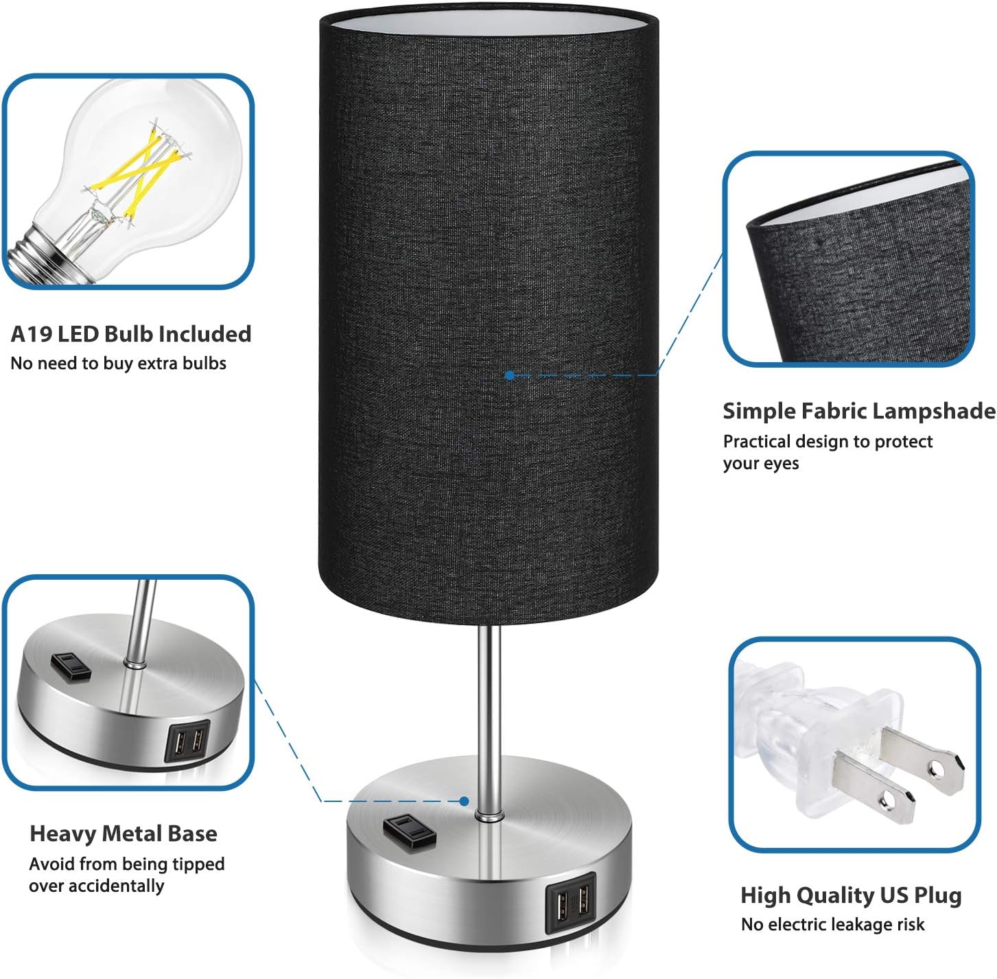 Set of 2 Touch Control Table Lamps with 2 USB Charging Ports&AC Outlet