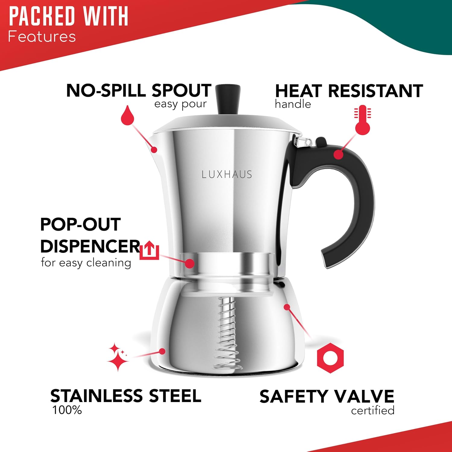 LuxHaus 3 Cup Moka Pot (2oz each cup - 6oz total) Stovetop Espresso Maker - Stainless Steel Italian and Cuban Mocha Coffee Maker