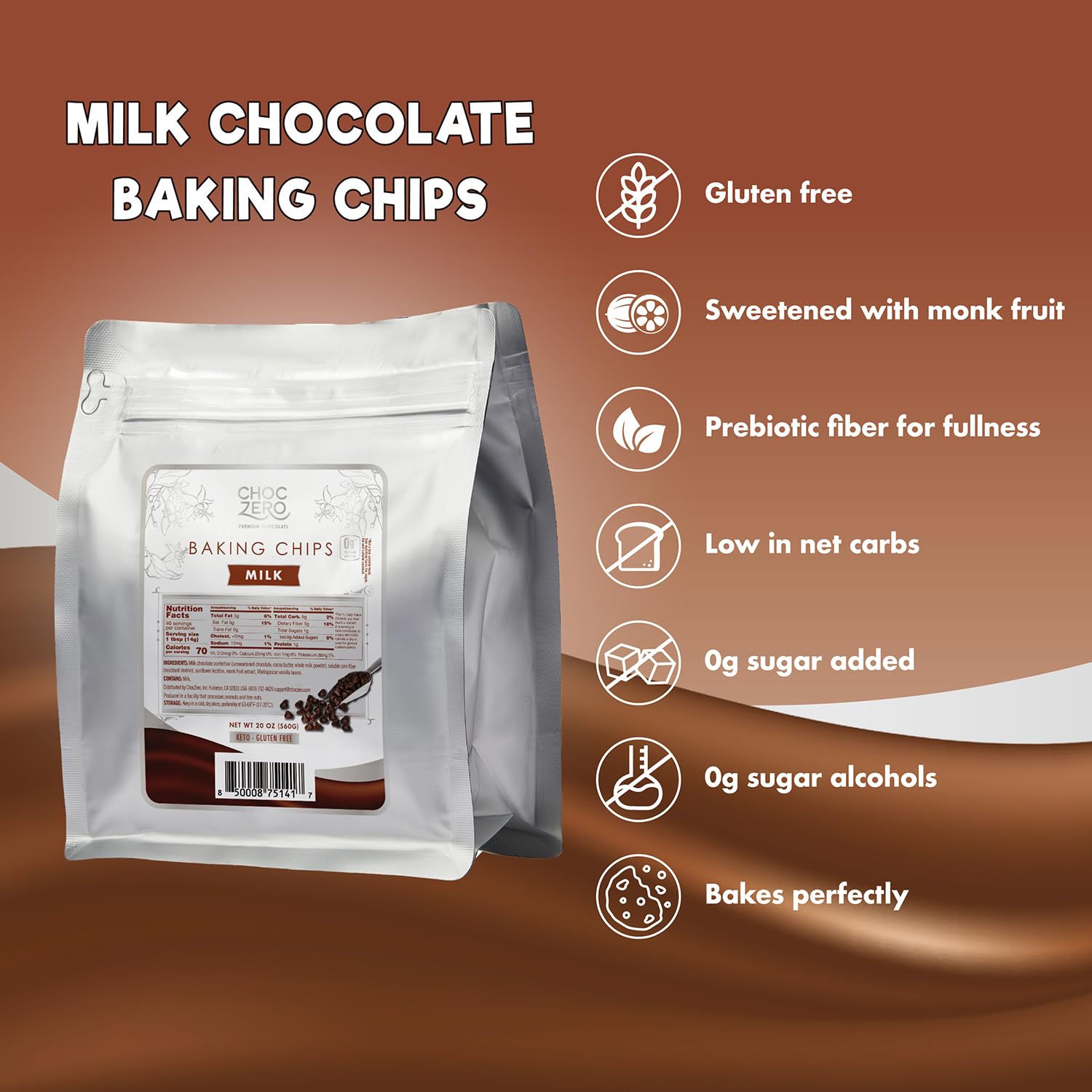 ChocZero Sugar Free Chocolate Chips, Milk Chocolate, 20 oz Bag