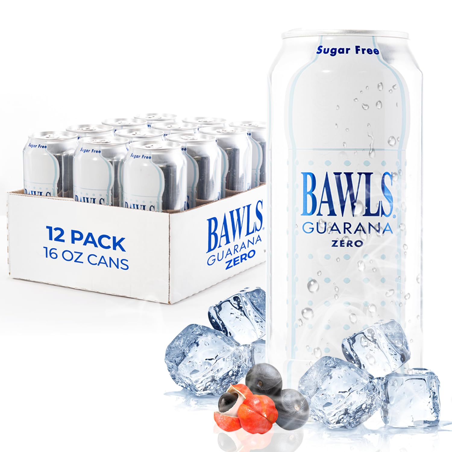 BAWLS Guarana Zero - High Energy Caffeinated Soda, 16oz 12 Pack Cans