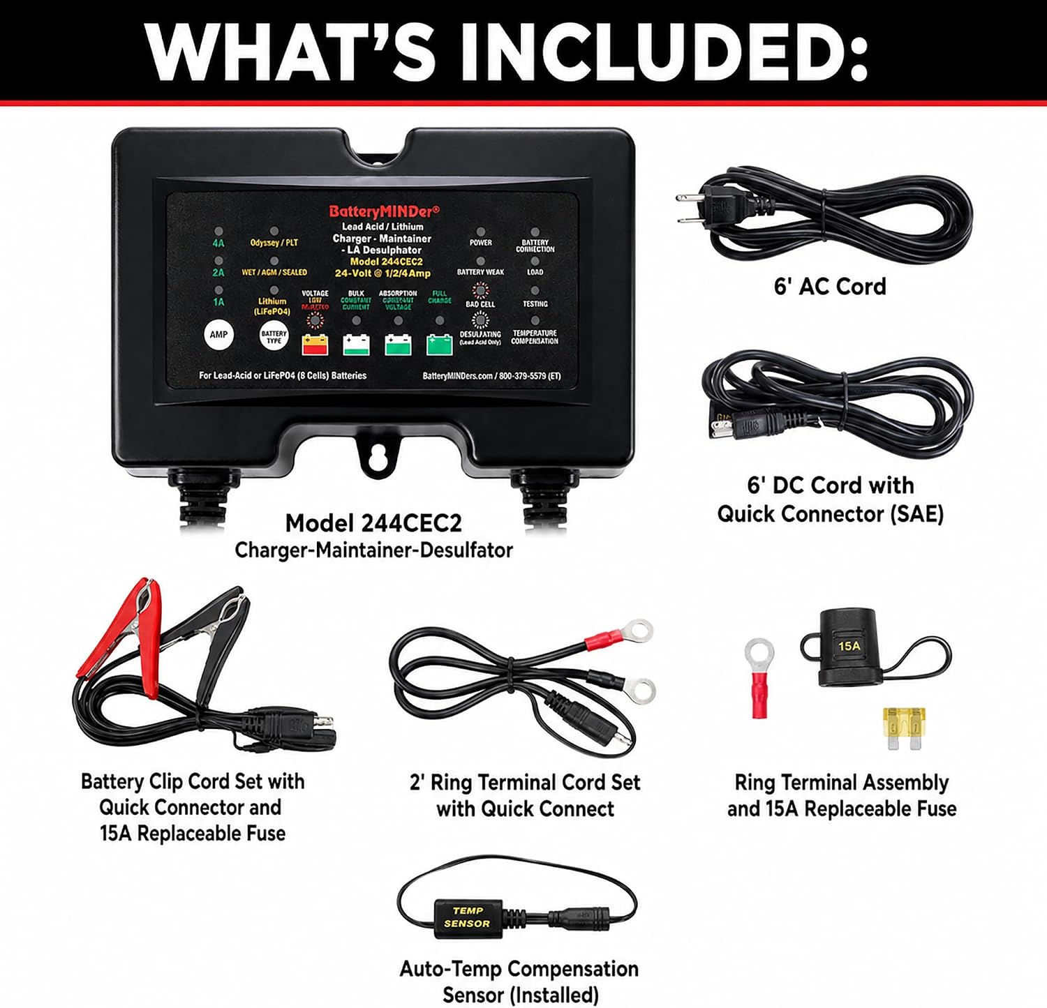 244CEC2: 24V- 1/2/4 AMP Smart Trickle Charger, Lithium (LiFePO4) Battery Maintainer, and Battery Desulfator - Designed for Trucks, Boats, RV