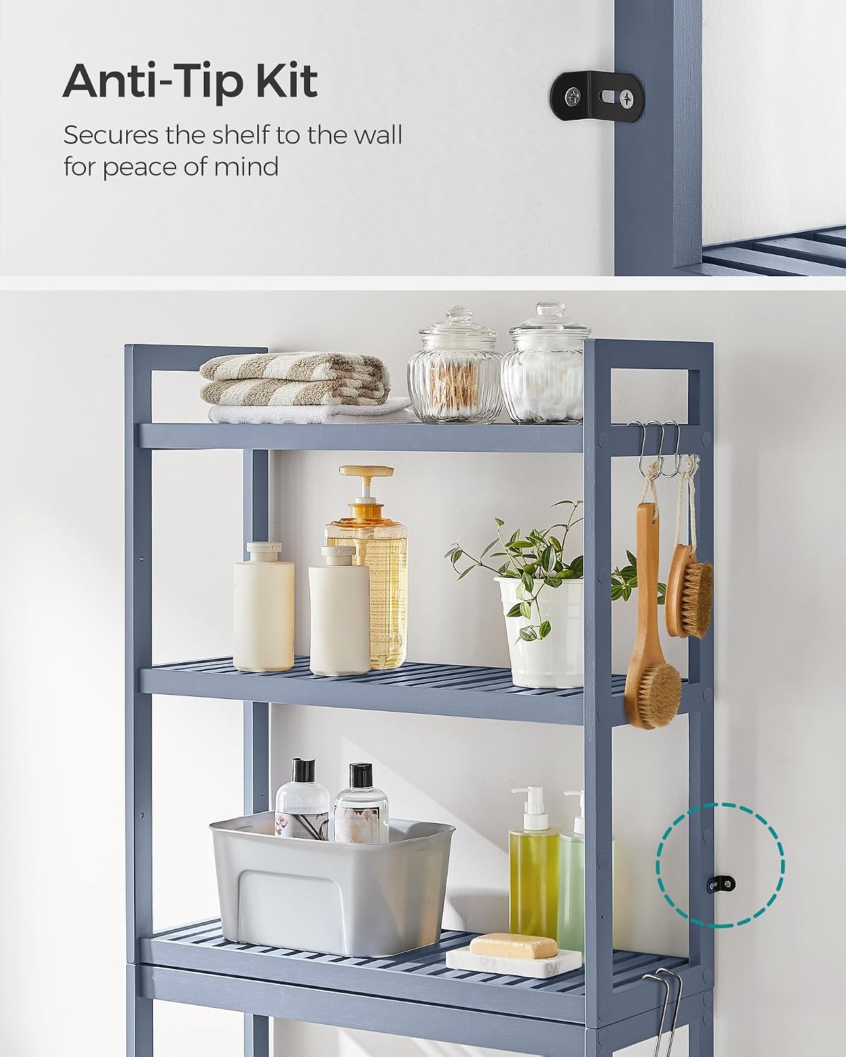 SONGMICS Over The Toilet Storage, 3-Tier Over Toilet Bathroom Organizer with Adjustable Shelf, 10.2 x 24.8 x 66.9 Inches, Space-Saving, Cloud White UBTS01WT