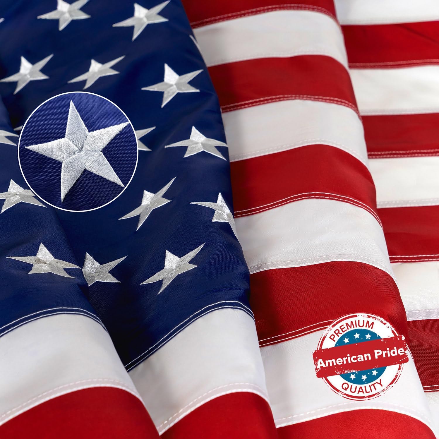 American Flag 5x8 ft Embroidered Stars Sewn Stripes | Embroidered USA flag with vivid colors and quadruple stitched fly end for enhanced durability. Features 210D Nylon