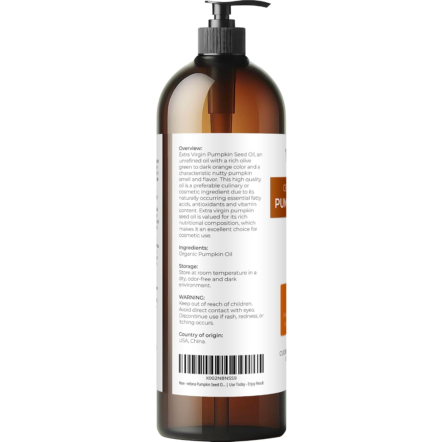 velona Pumpkin Seed Oil USDA Certified Organic - 32 fl oz | 100% Pure and Natural Carrier Oil | Unrefined, Cold Pressed | Cooking, Face, Hair