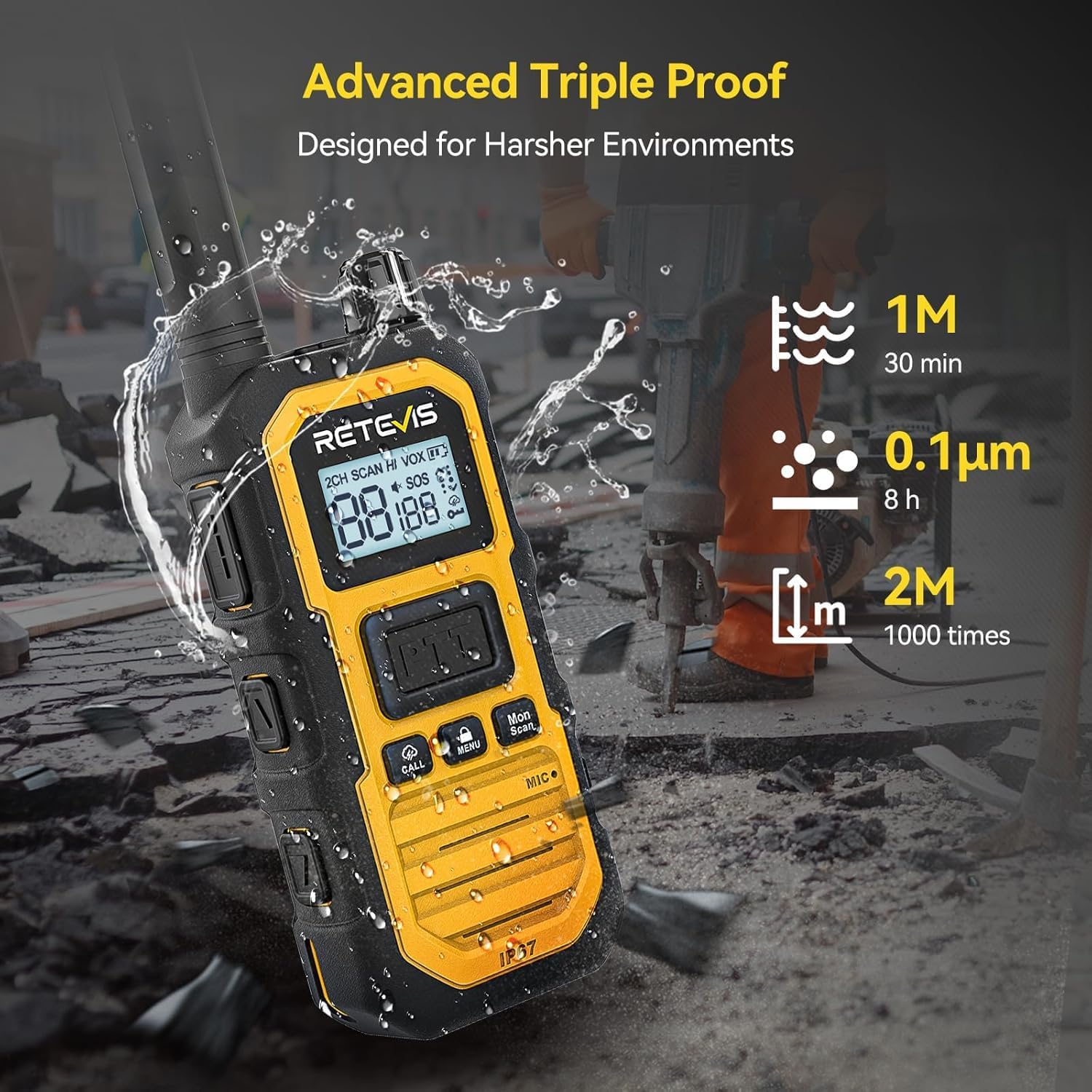 Retevis RB48PLUS GMRS Walkie Talkies Long Range,IP67 Waterproof 2 Way Radio | Repeater Capable, Dual PTT, Vibration Alert, NOAA, SOS, for Hurricane Preparedness, Emergency Communication, Outdoor, 2 Pack