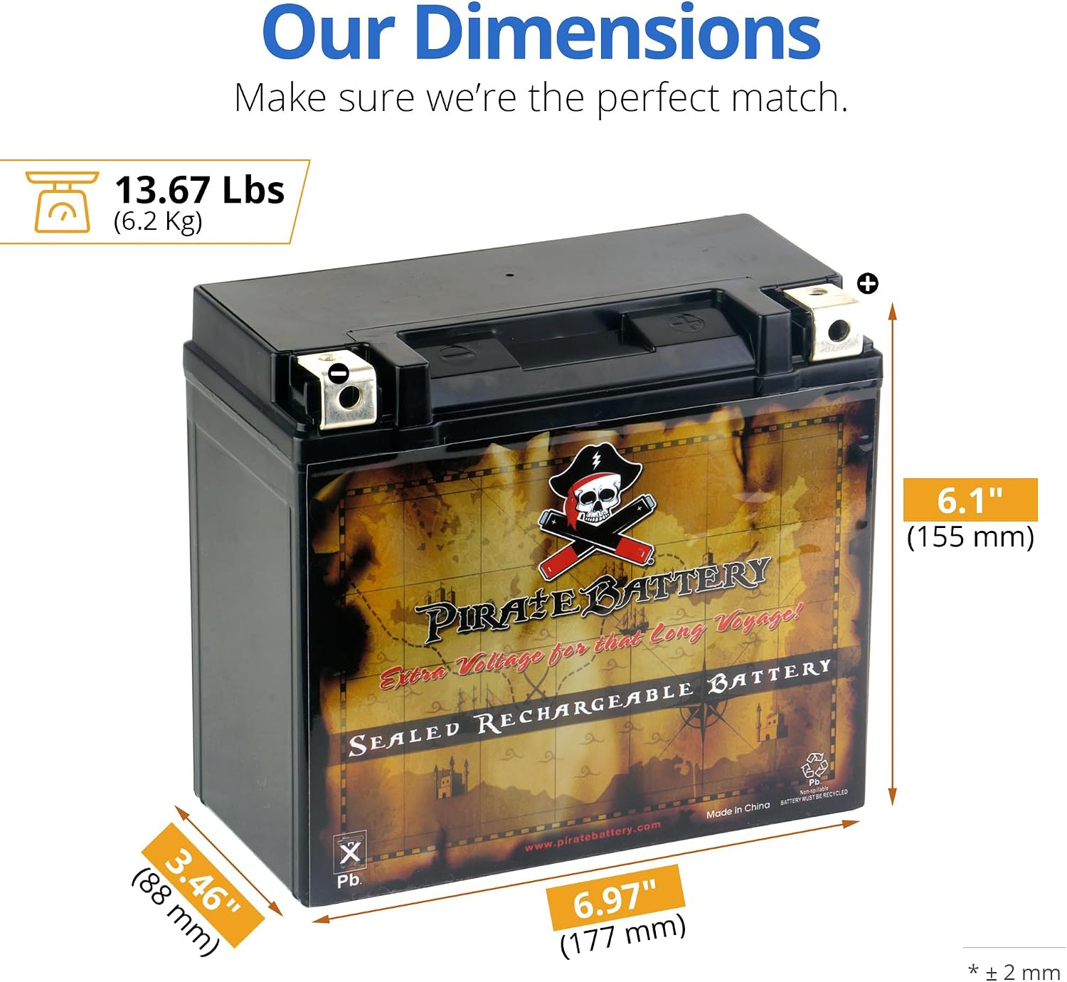 Pirate Battery YTX20HL-BS 310 CCA Maintenance-Free 12V 19Ah Battery Replacement for ATV, Harley Davidson Motorcycle, Jet Skis, Scooter, UTV, and More - Nut and Bolt (T3) Terminal