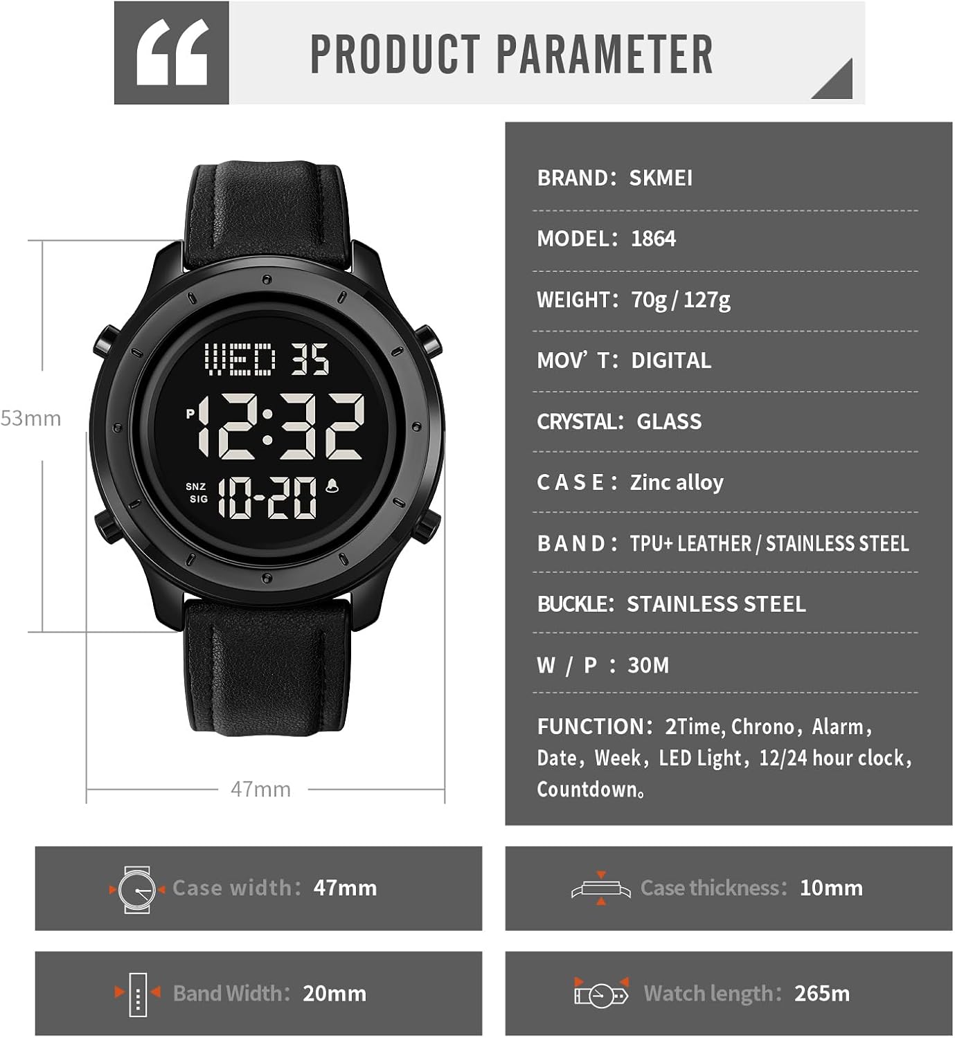 Gosasa Men Sport Watch Countdown Stopwatch Watch Mens Wrist Watch Waterproof LED Electronic Digital Male Watch 12/24 Hour Multifunctional Watch