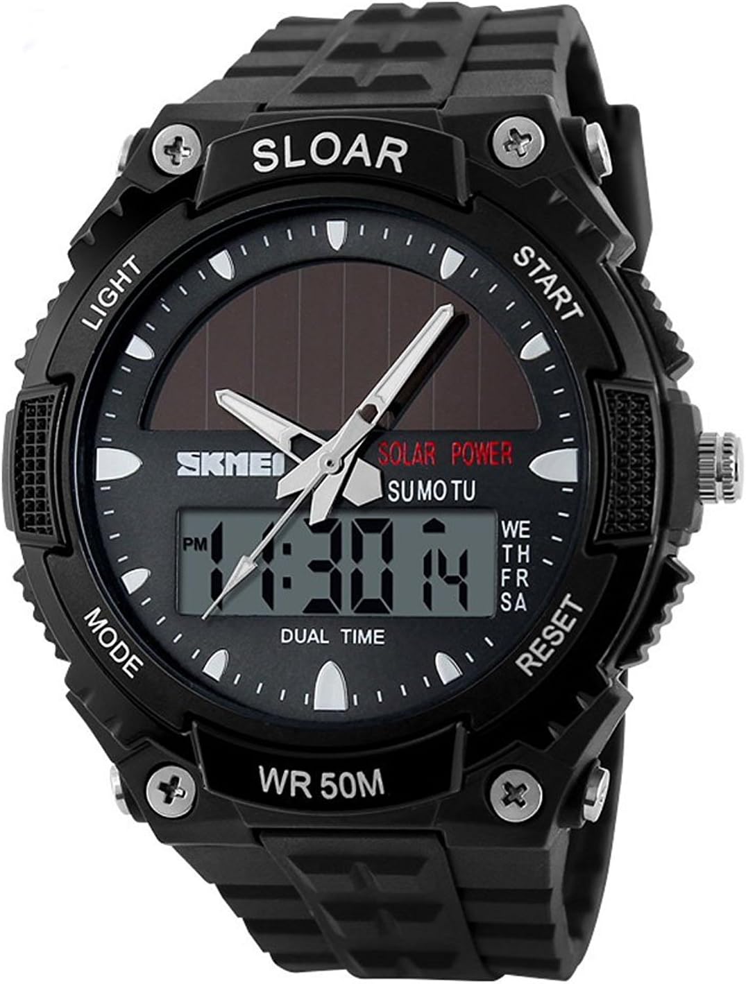MASTOP Solar Powered Energy Watch for Men Military Digital Multifunctional Led Luminous Indication 2 Time Zone 50m Waterproof Watch Reloj Solar para Hombre