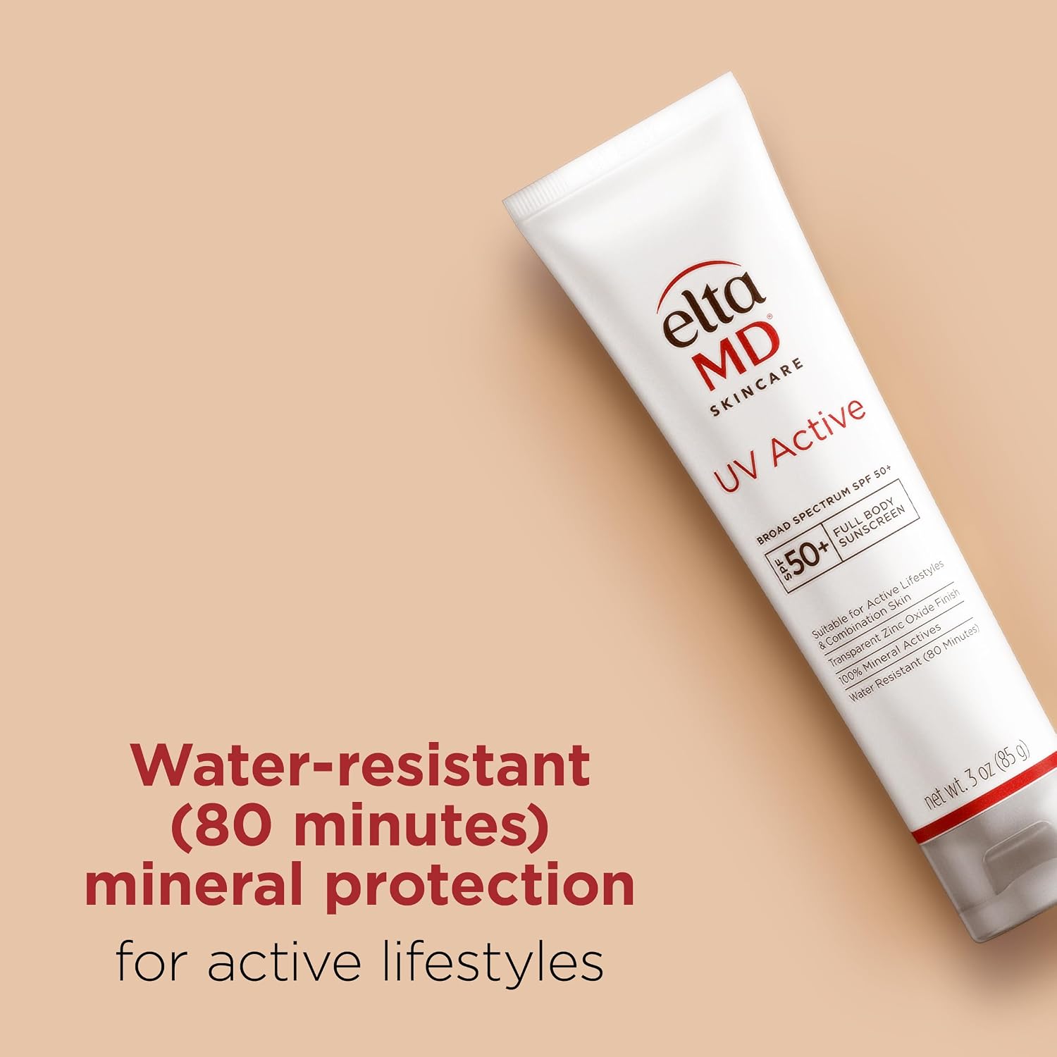 EltaMD UV Active 100% Mineral Sunscreen, SPF 50+ Full Body Sunscreen for Active Lifestyles, Water Resistant Up to 80 Minutes, 3.0 oz Tube