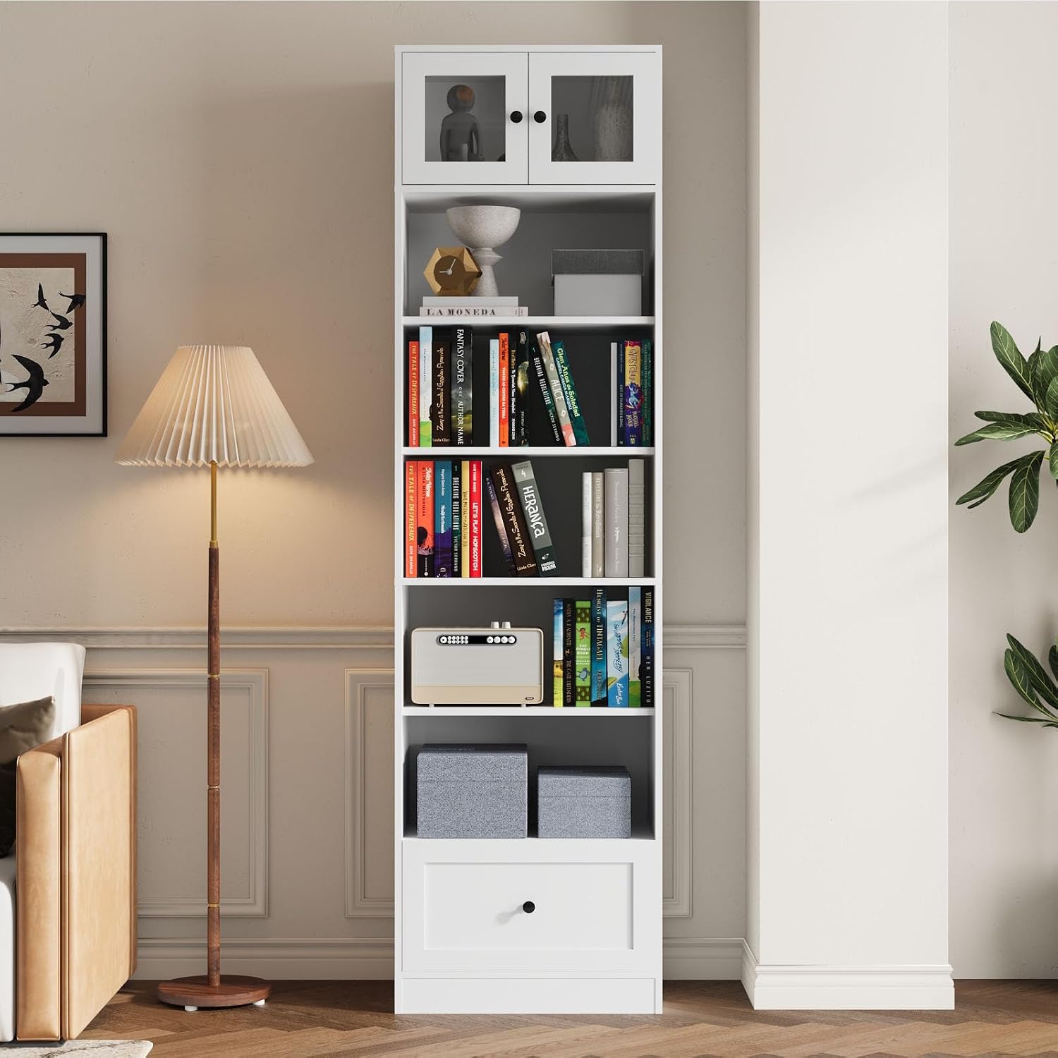 TUSY 85.5 Inch Tall Bookshelf with Doors - 7 Tier Bookcase with Glass Doors and Drawer, 23.6" Wide Storage Cabinet with Open Shelves for Living Room, White Book Shelf for Home Office, Study (AAAA)