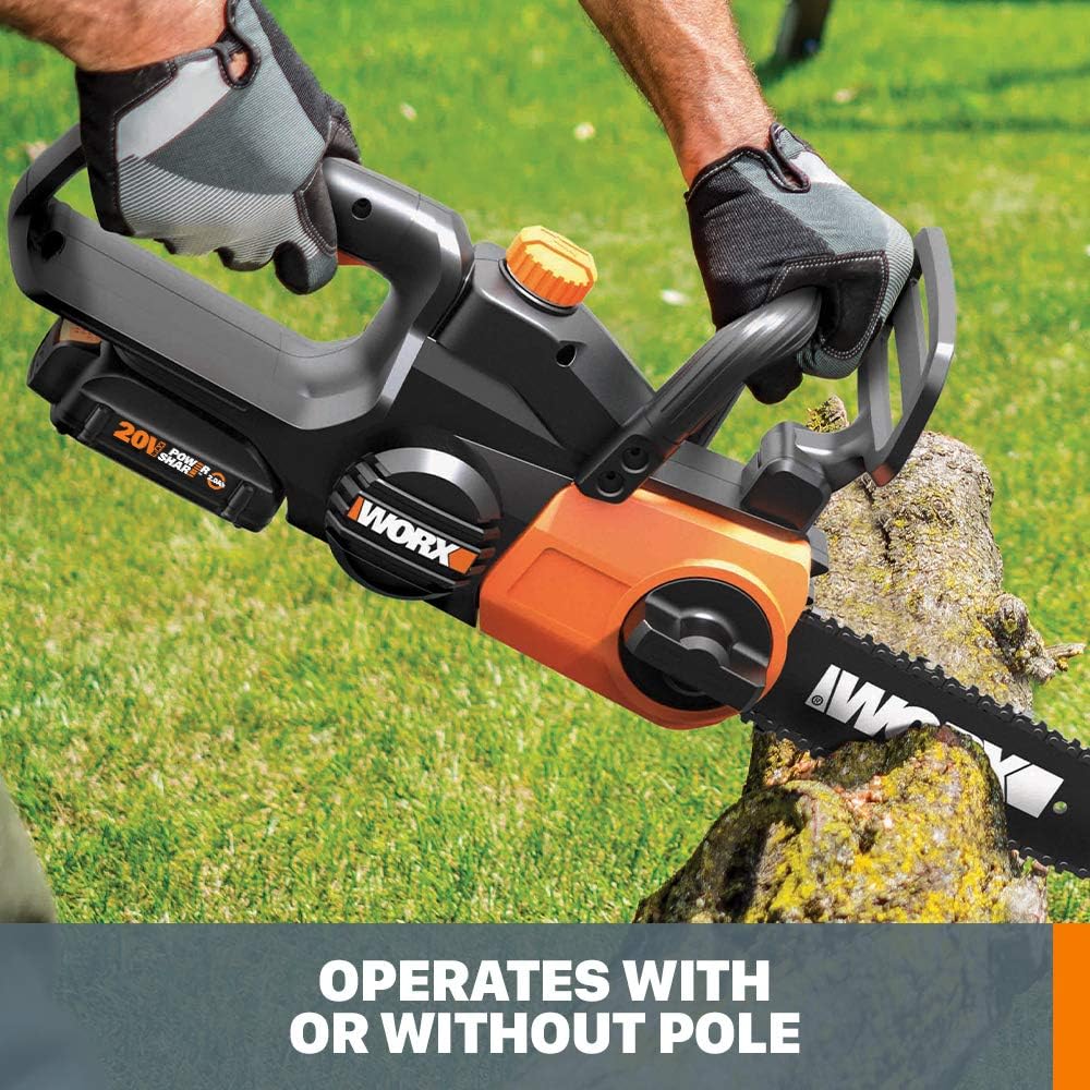 WORX Cordless Chainsaw, 20V 10" 2-in-1 Pole Saw with Auto-Tension, WG323 | 12' extra reach with pole, weighs 10 lbs, auto-tension chain adjustment