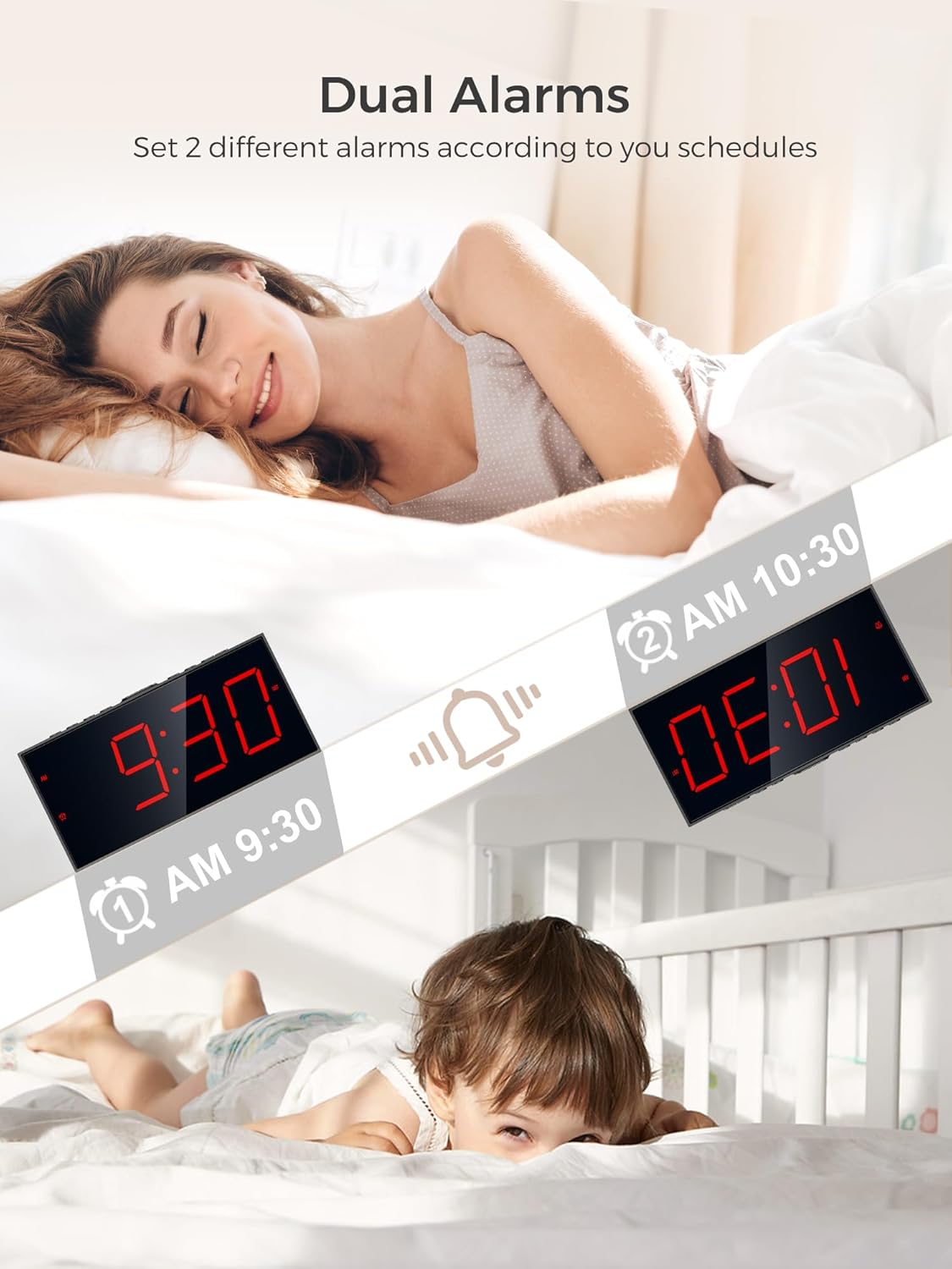 Digital Alarm Clocks for Bedrooms, Dual Alarms, 7.5-Inch Large Display