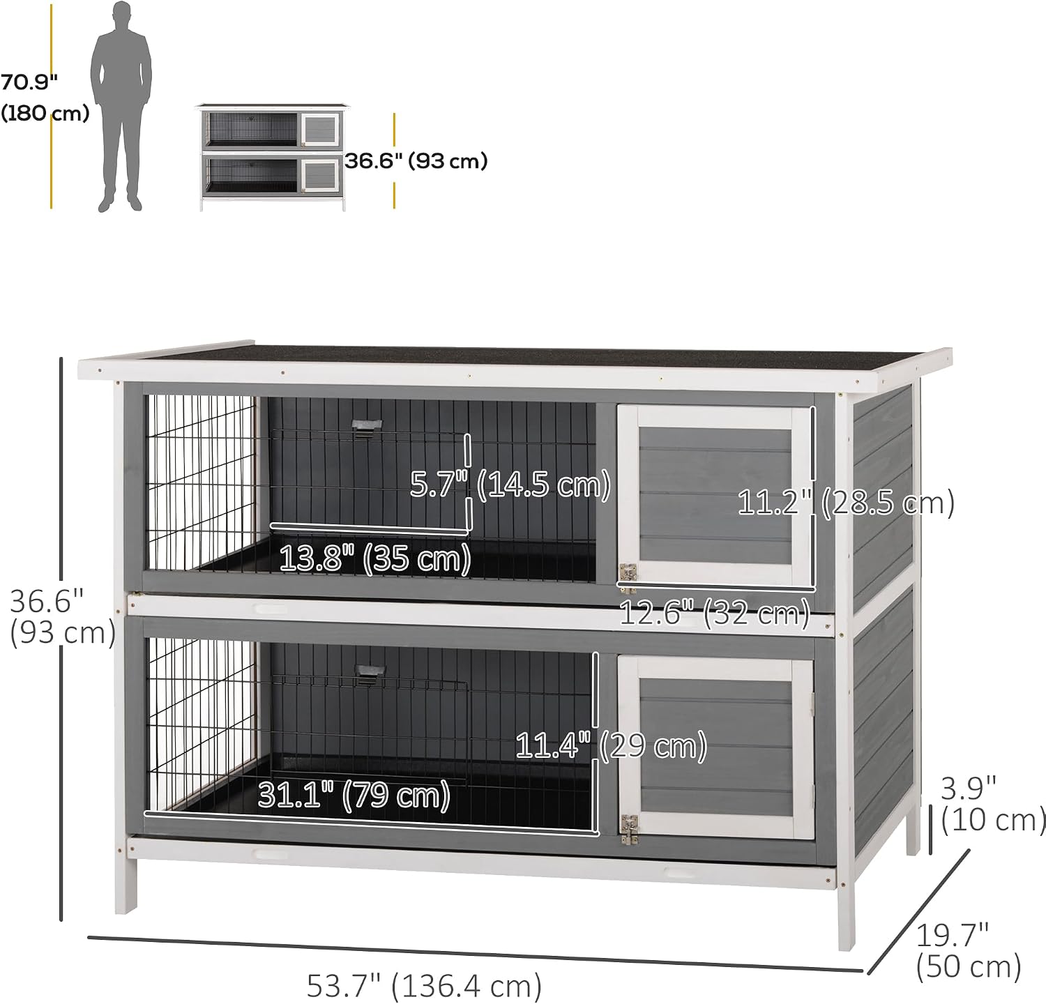 PawHut 54" 2-Story Large Rabbit Hutch Bunny Cage Wooden Pet House Small Animal Habitat with Lockable Doors, No Leak Tray and waterproof Roof for Outdoor/Indoor Orange | Wooden Pet House, Small Animal Habitat, No Leak Tray, Waterproof Roof, for Chickens D…