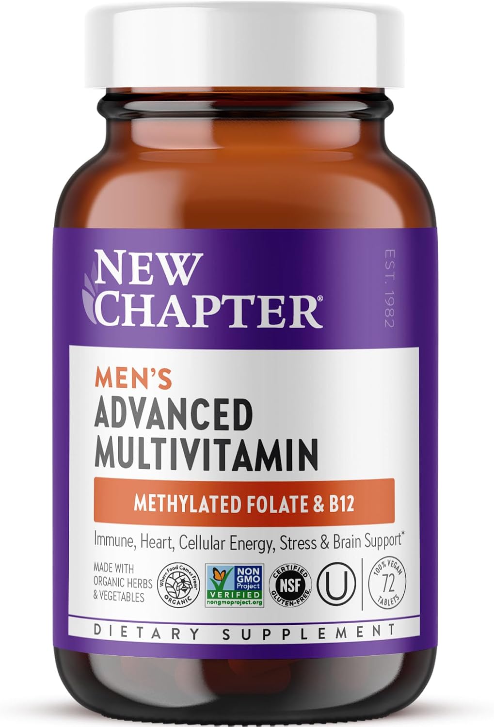 New Chapter Men's Multivitamin Advanced Formula for Stress, Brain, Immune, Heart & Energy Support, Higher Levels of Whole-Food Fermented Essential Nutrients for Men + Selenium + B Vitamins, 120 ct