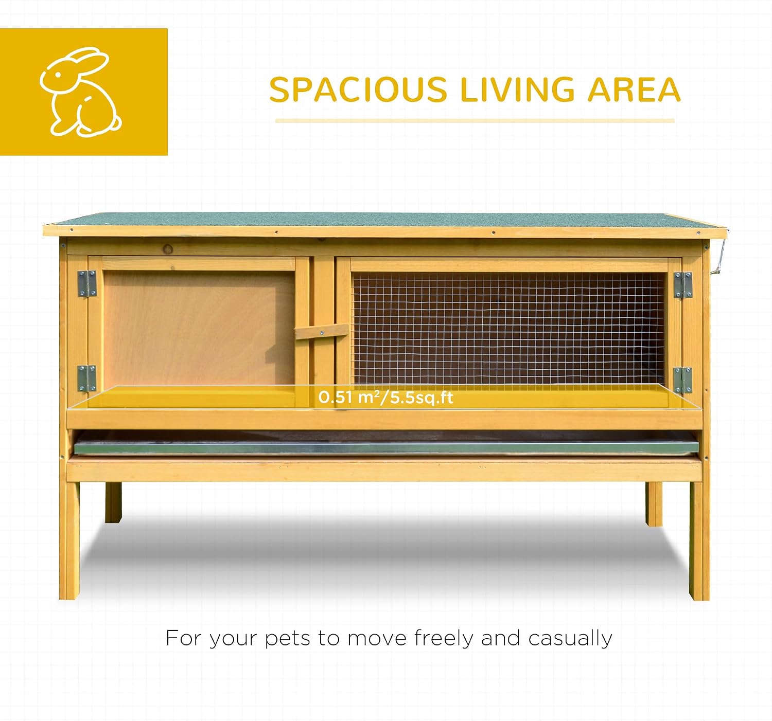 PawHut Wooden Rabbit Hutch Bunny Cage Openable Waterproof Roof for Rabbits | No Leak Tray, Solid Fir Wood Build, for Chickens, Ducks, Indoor/Outdoor